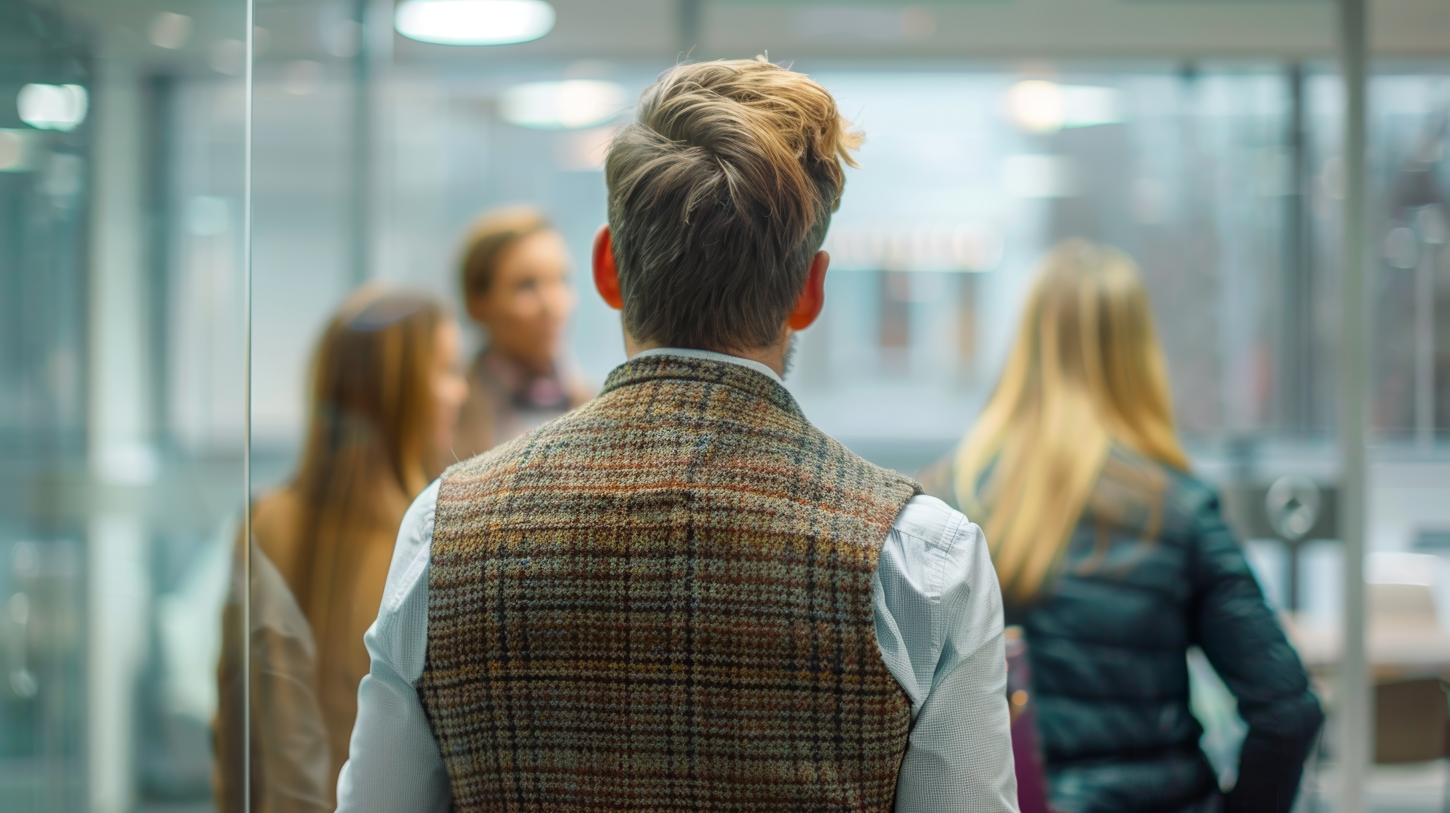 Rear view portrait of a businessman in the office, Generative AI