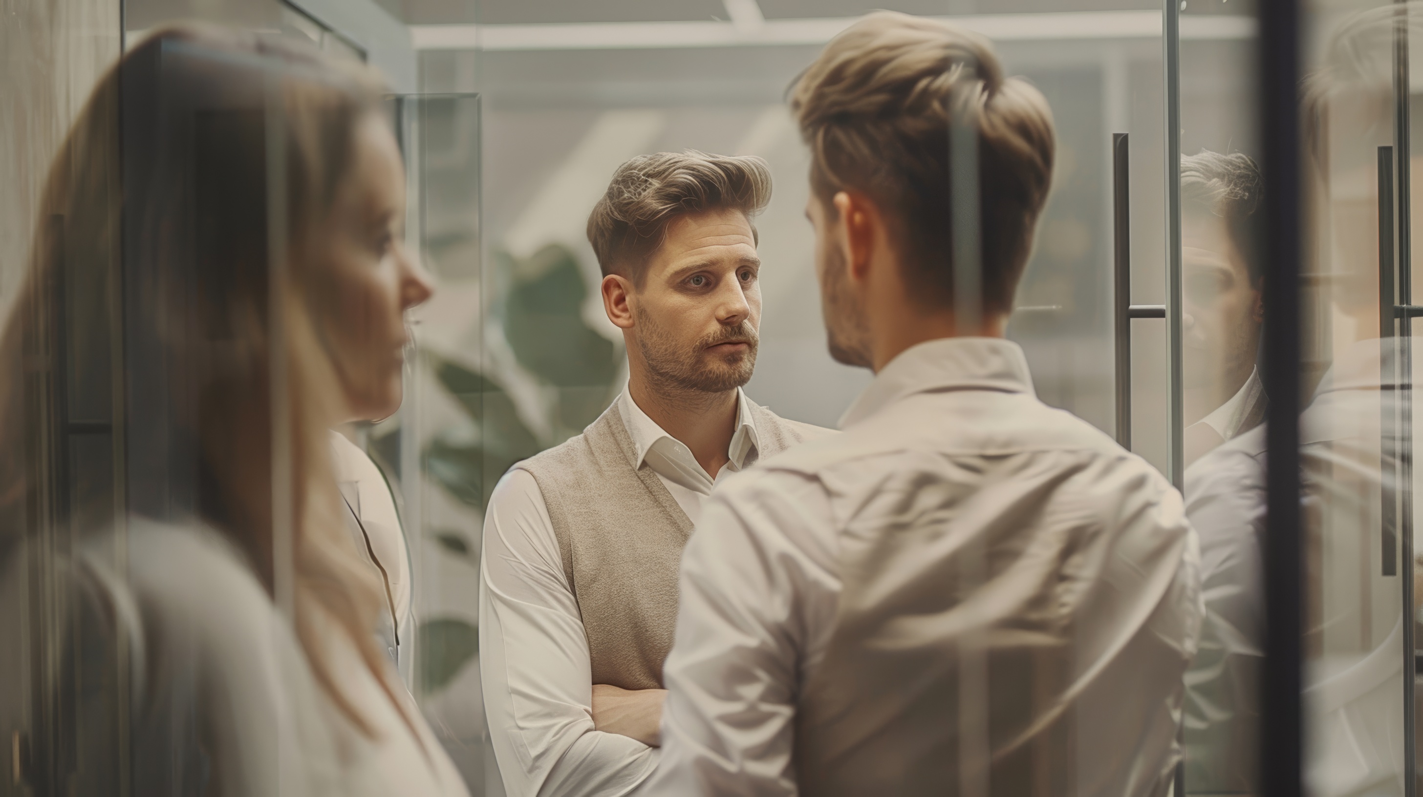 Rear view portrait of a businessman in the office, Generative AI