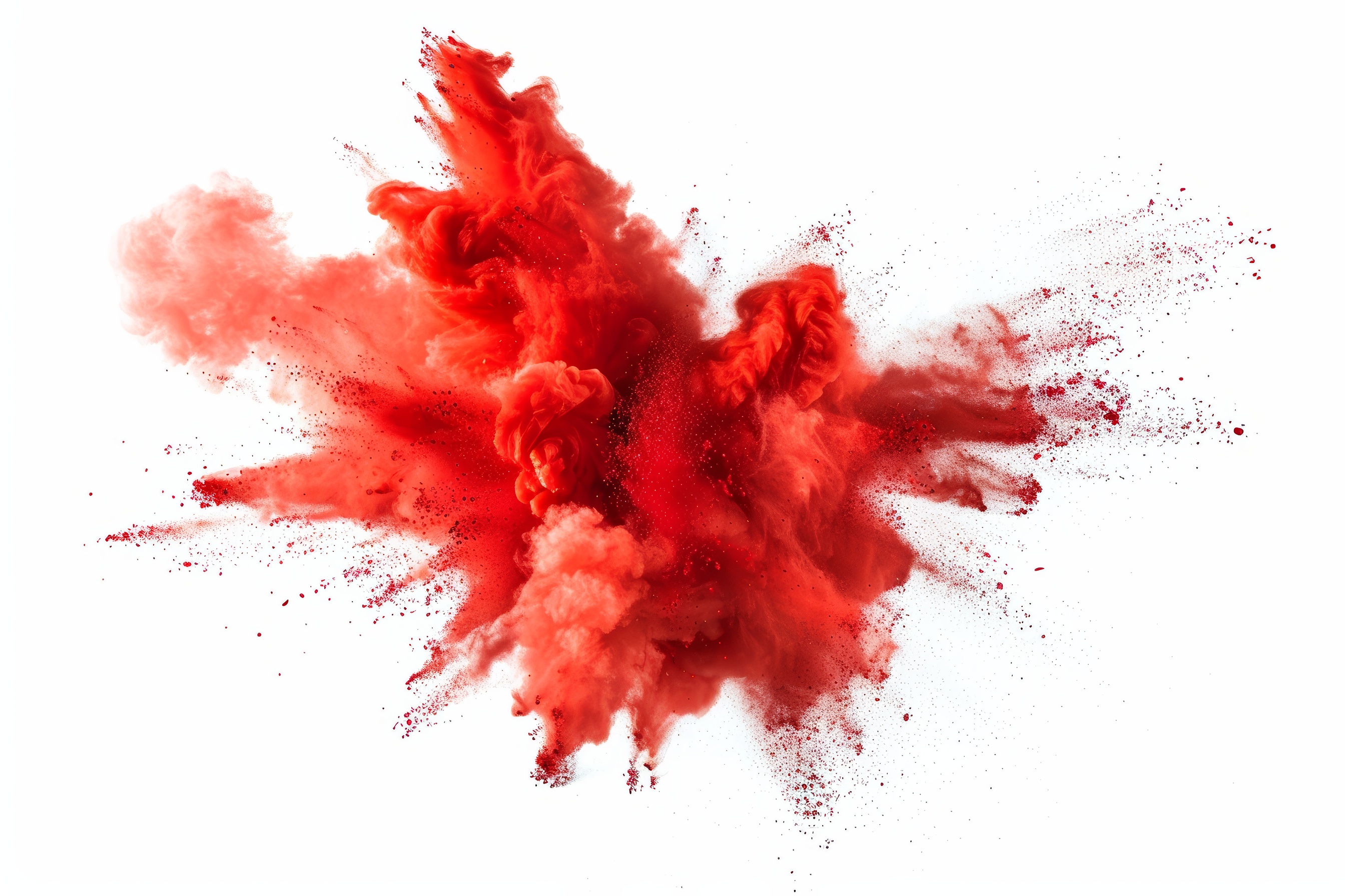 Red powder explosion on white background