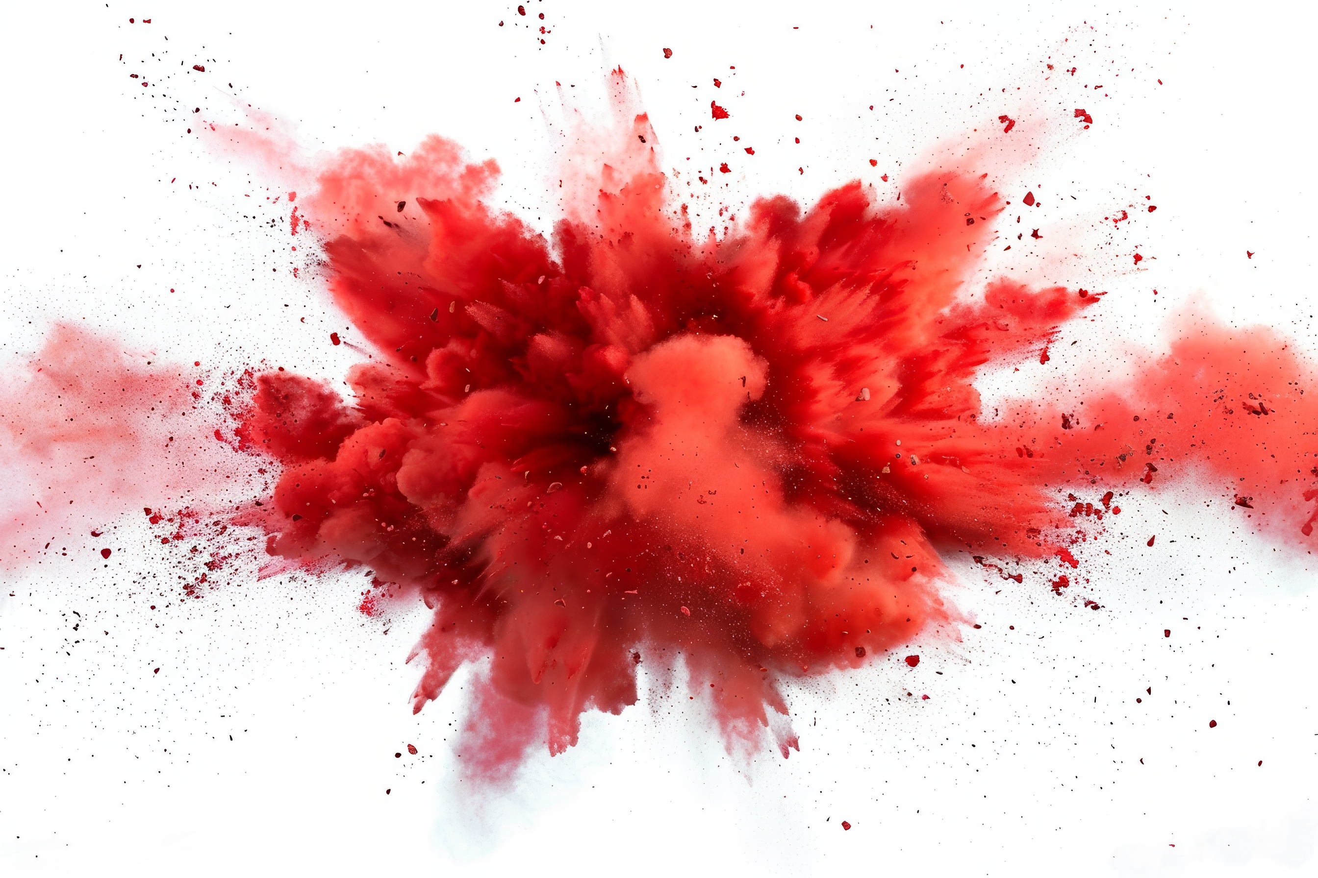 Red powder explosion on white background