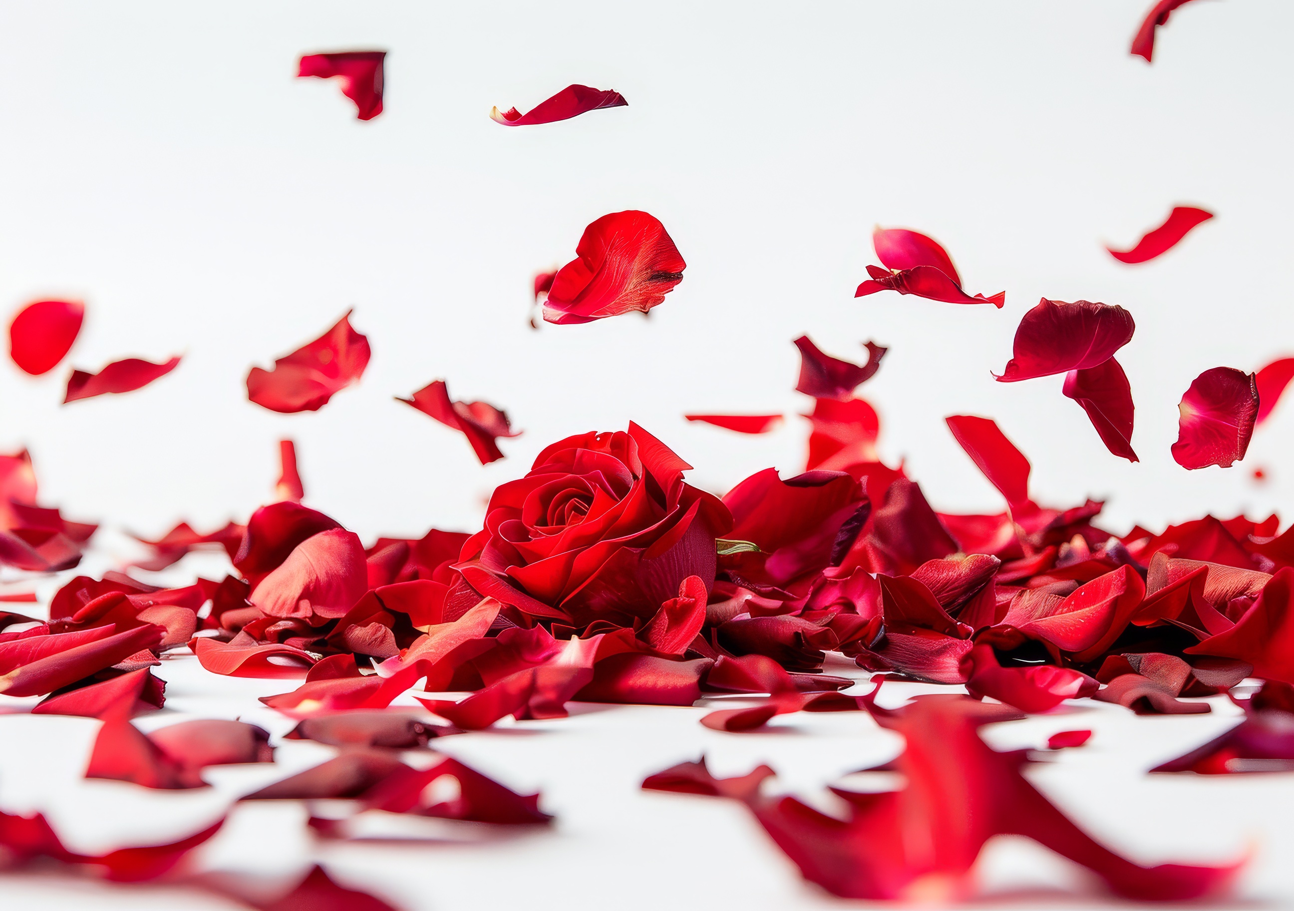 Red rose petals on white background,Valentines day concept.