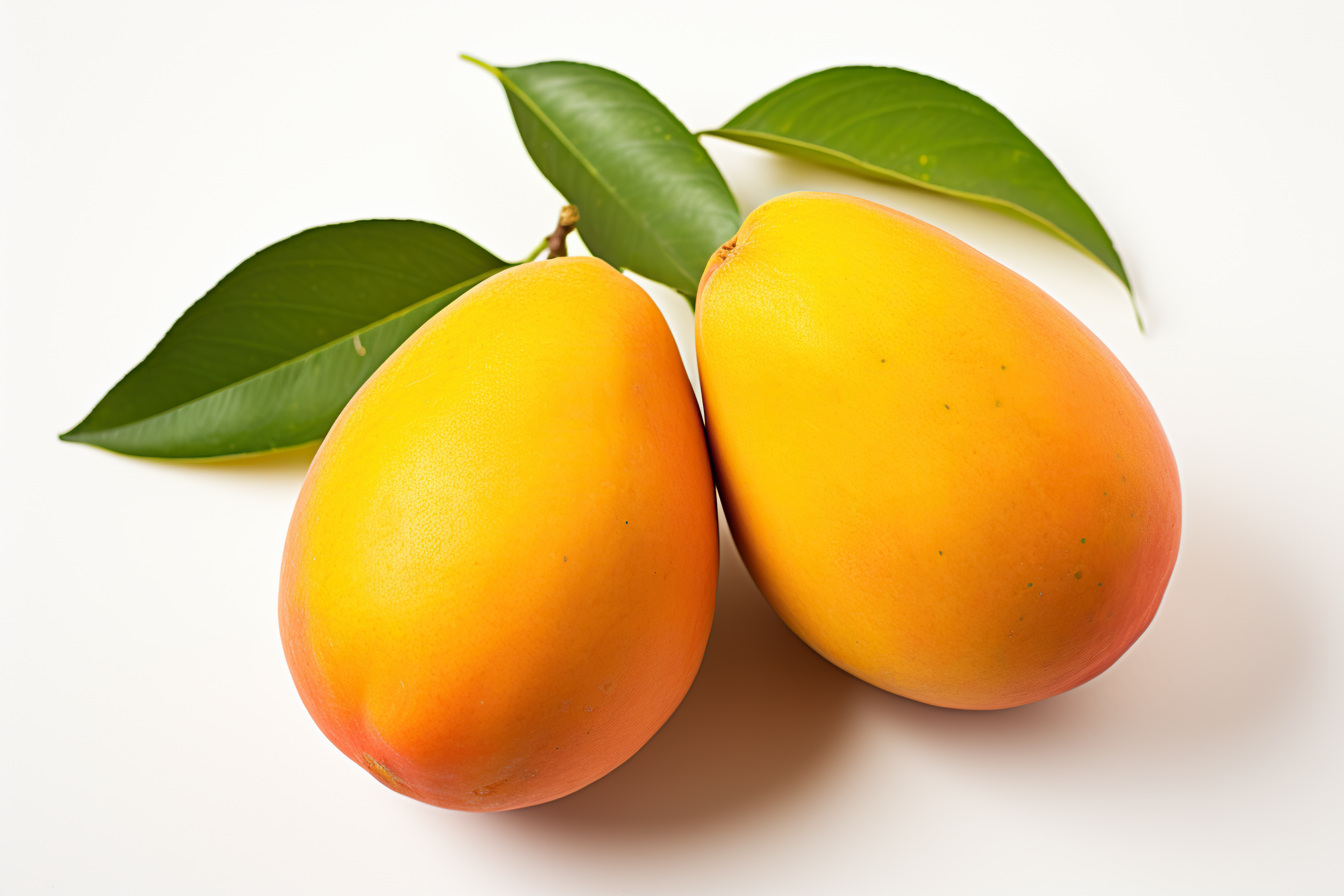 Ripe mango with green leaves isolated on white background