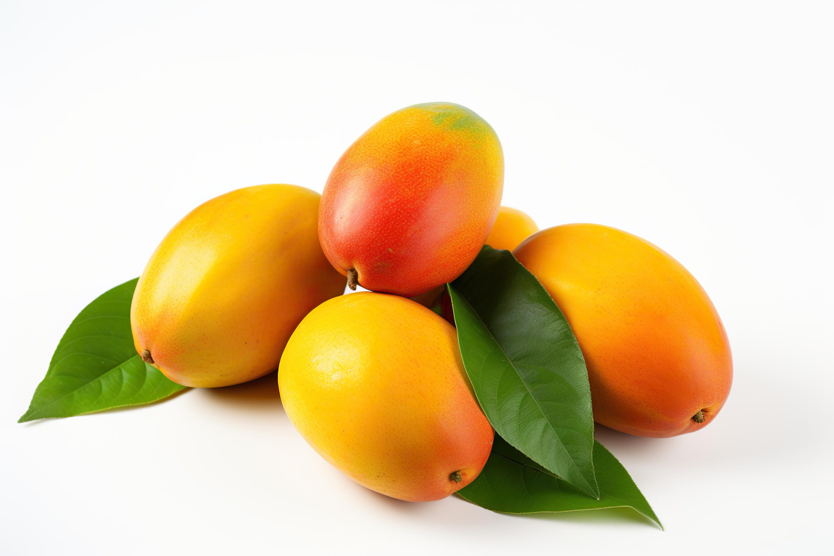 Ripe mango with green leaves isolated on white background