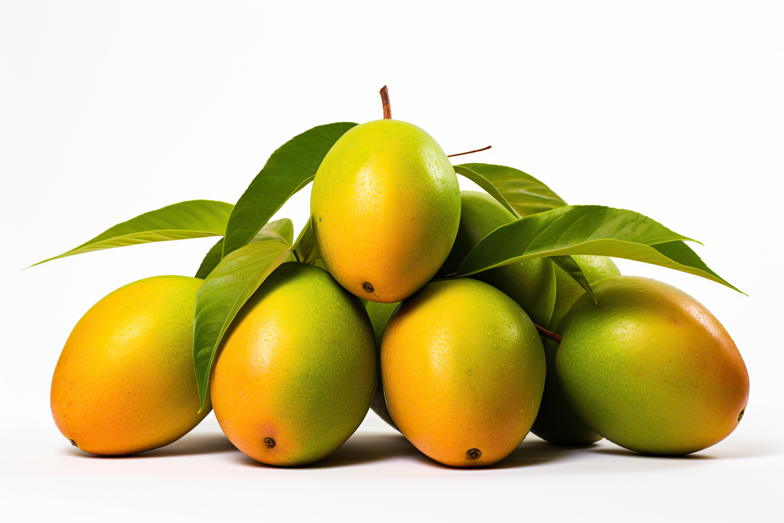 Ripe mango with green leaves isolated on white background