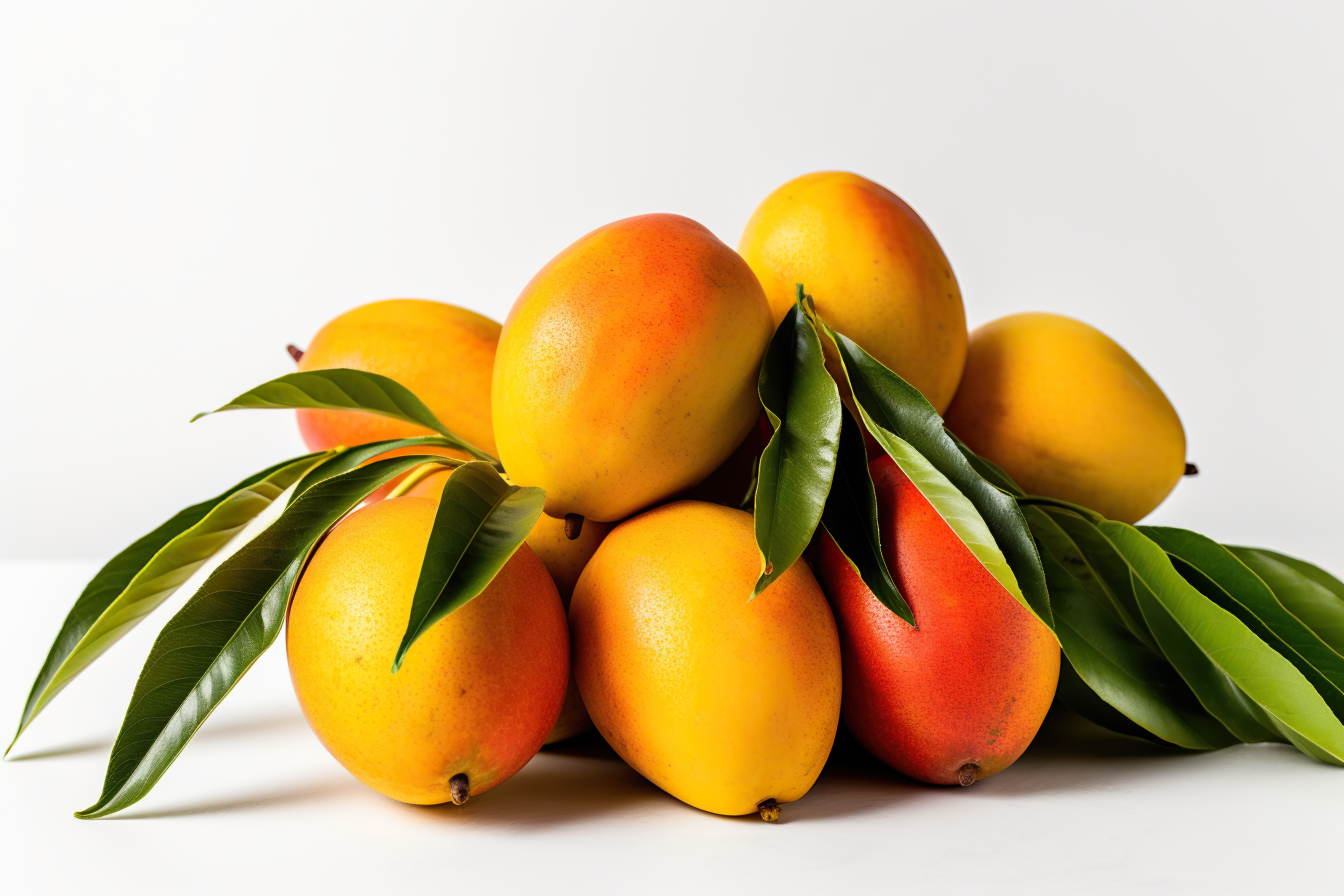 Ripe mango with green leaves isolated on white background