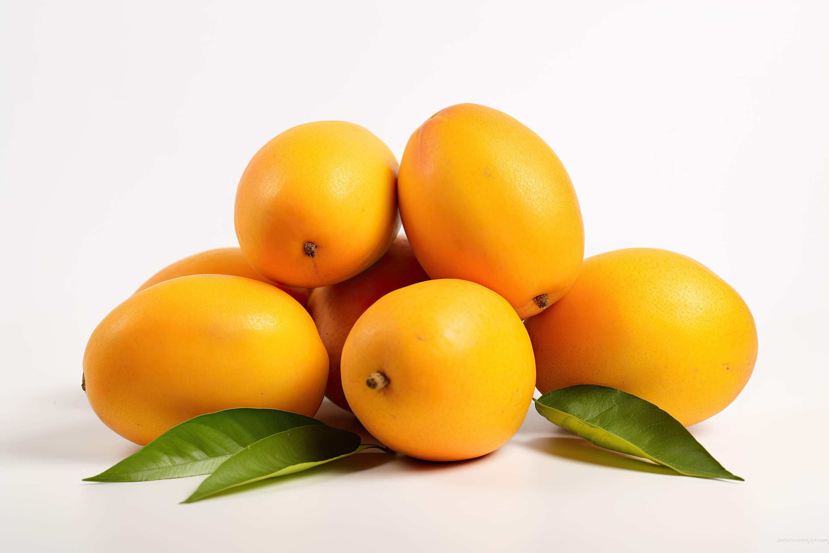 Ripe mango with green leaves isolated on white background