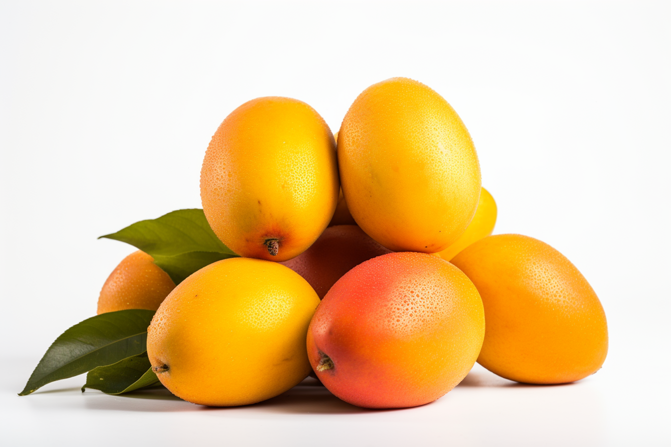 Ripe mango with green leaves isolated on white background