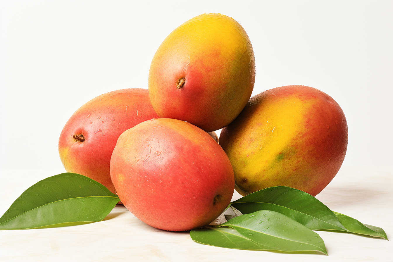 Ripe mango with green leaves isolated on white background