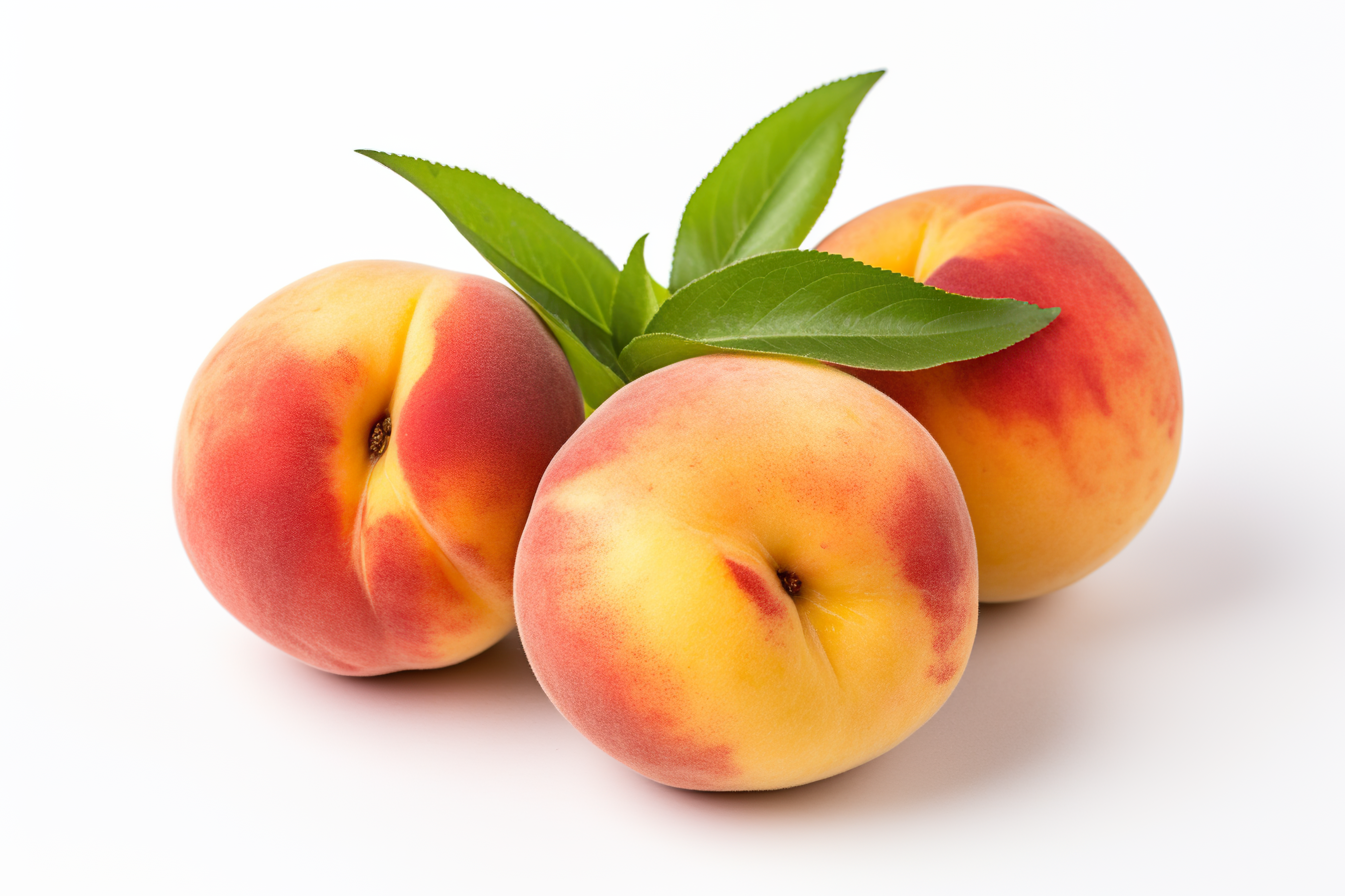 Ripe peach with green leaves isolated on white background