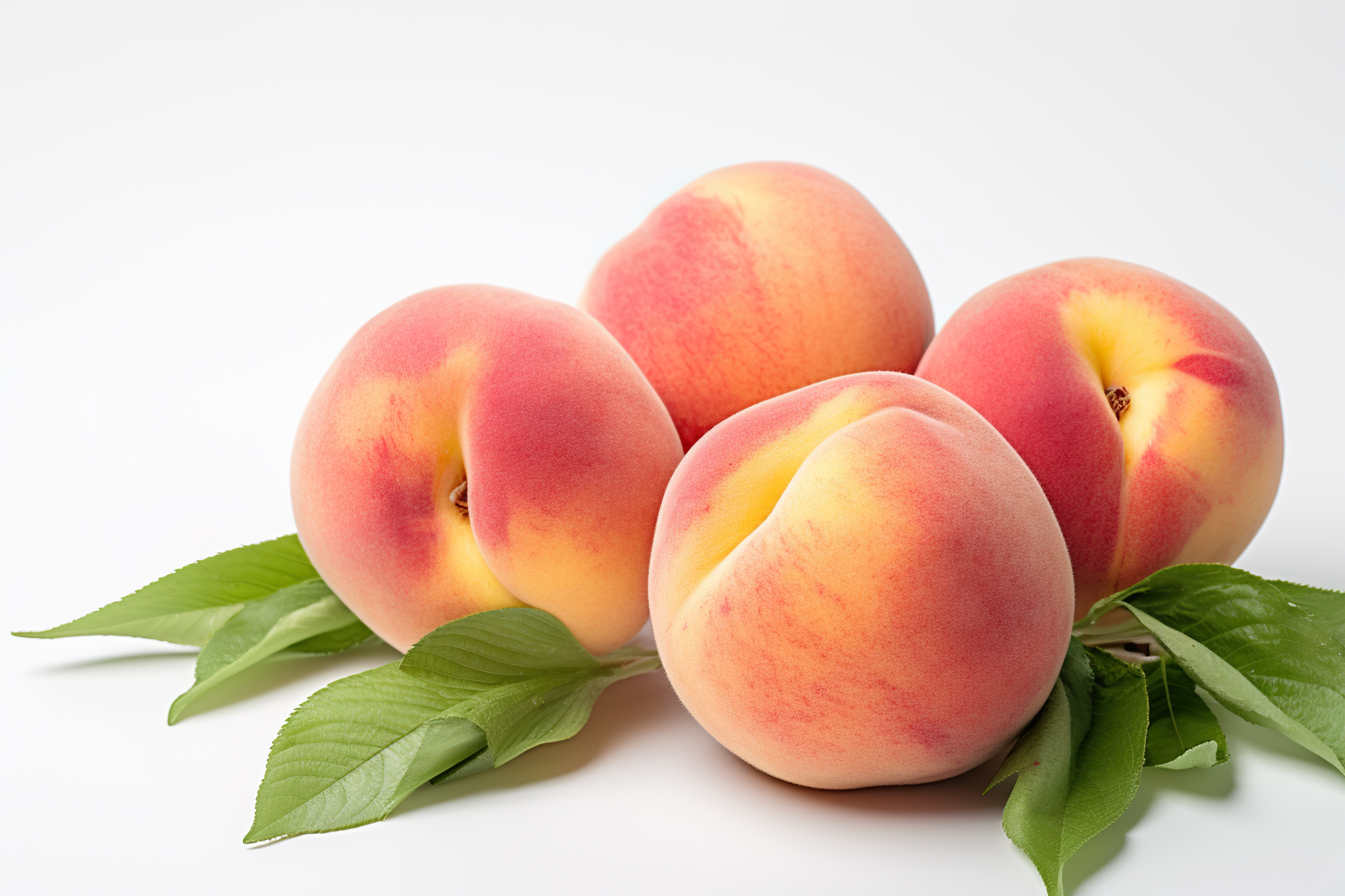 Ripe peach with green leaves isolated on white background
