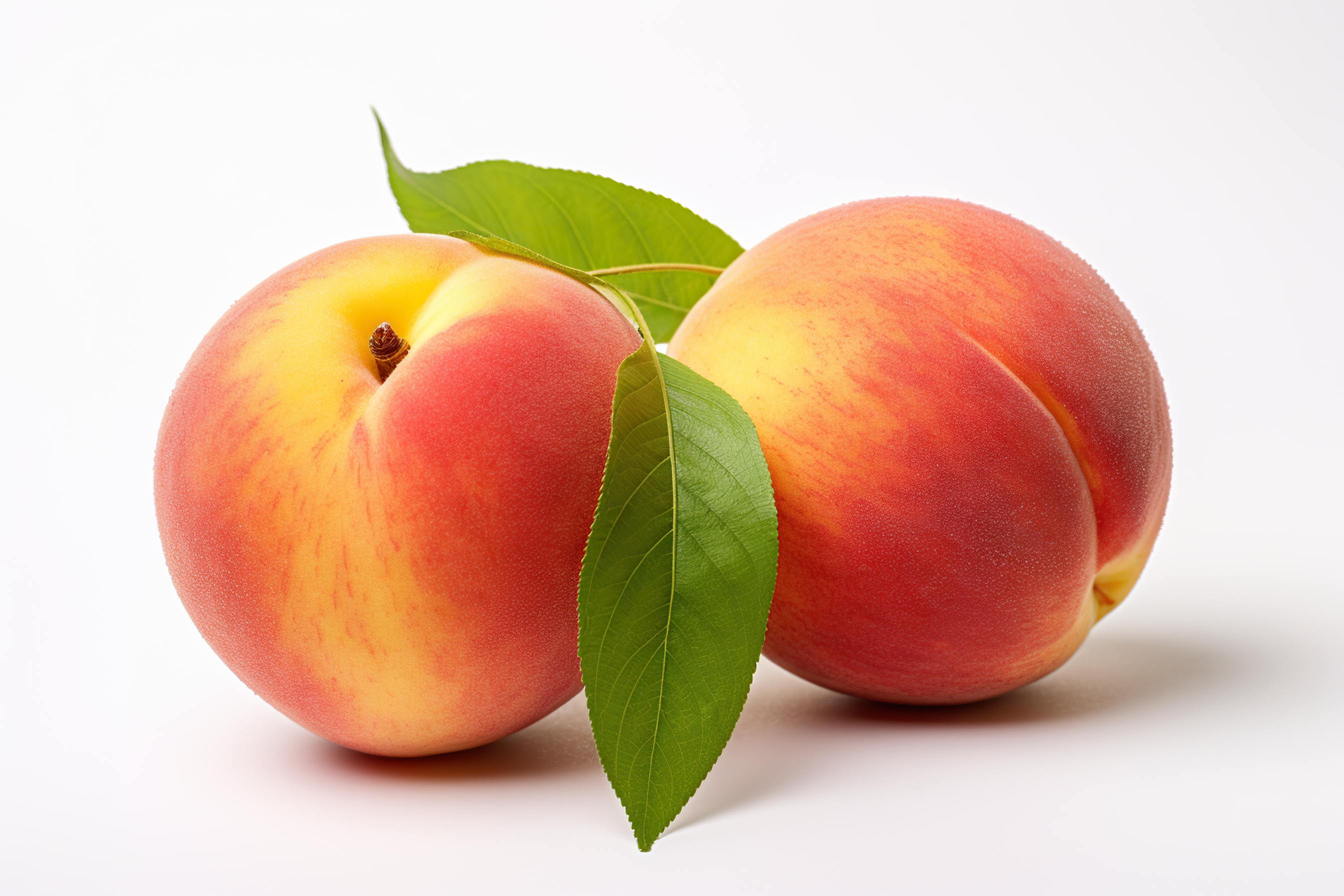 Ripe peach with green leaves isolated on white background