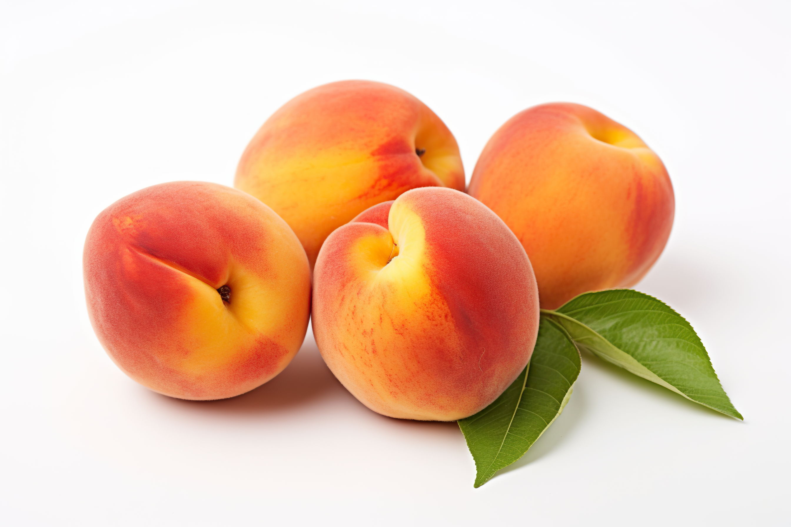 Ripe peach with green leaves isolated on white background