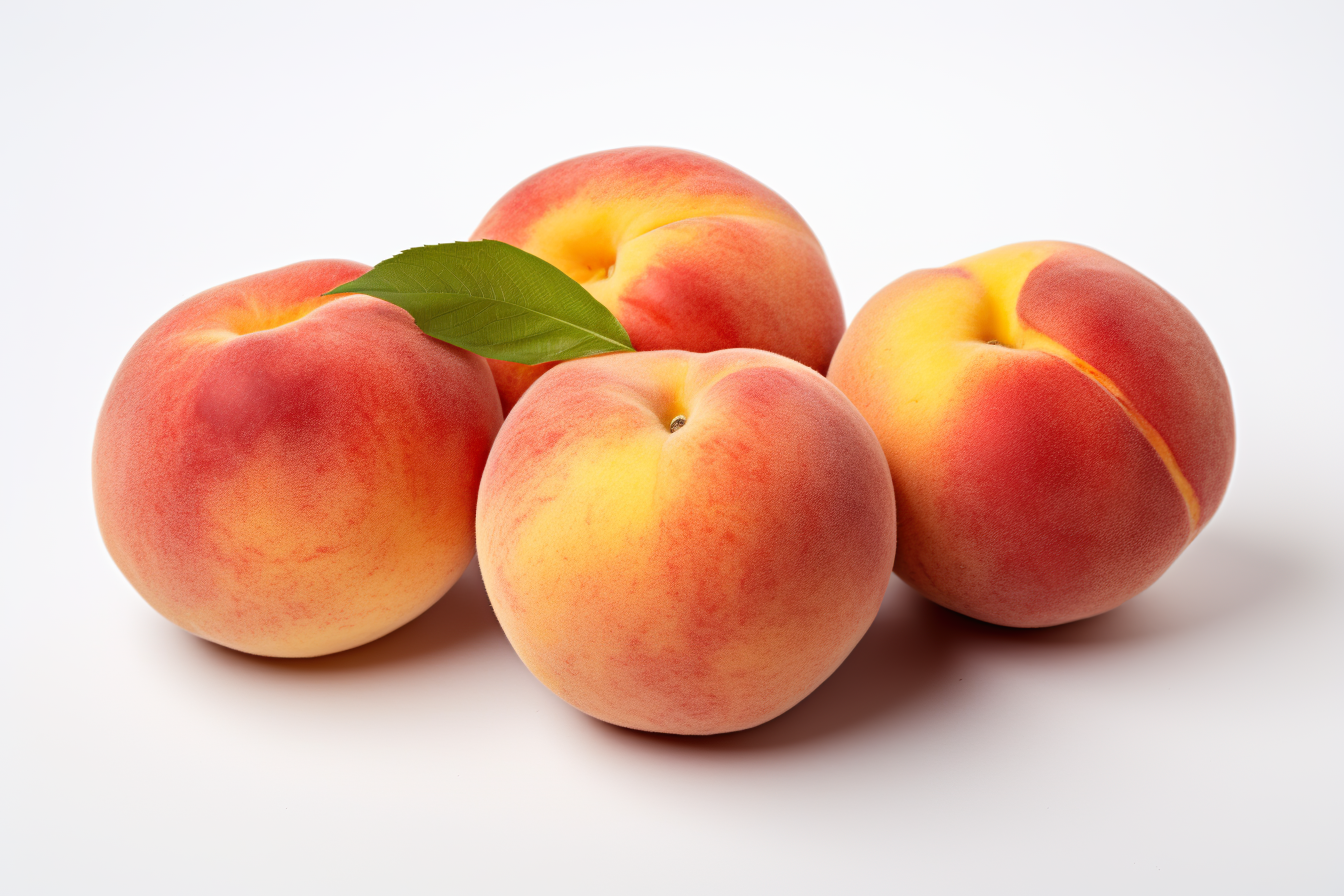 Ripe peach with green leaves isolated on white background