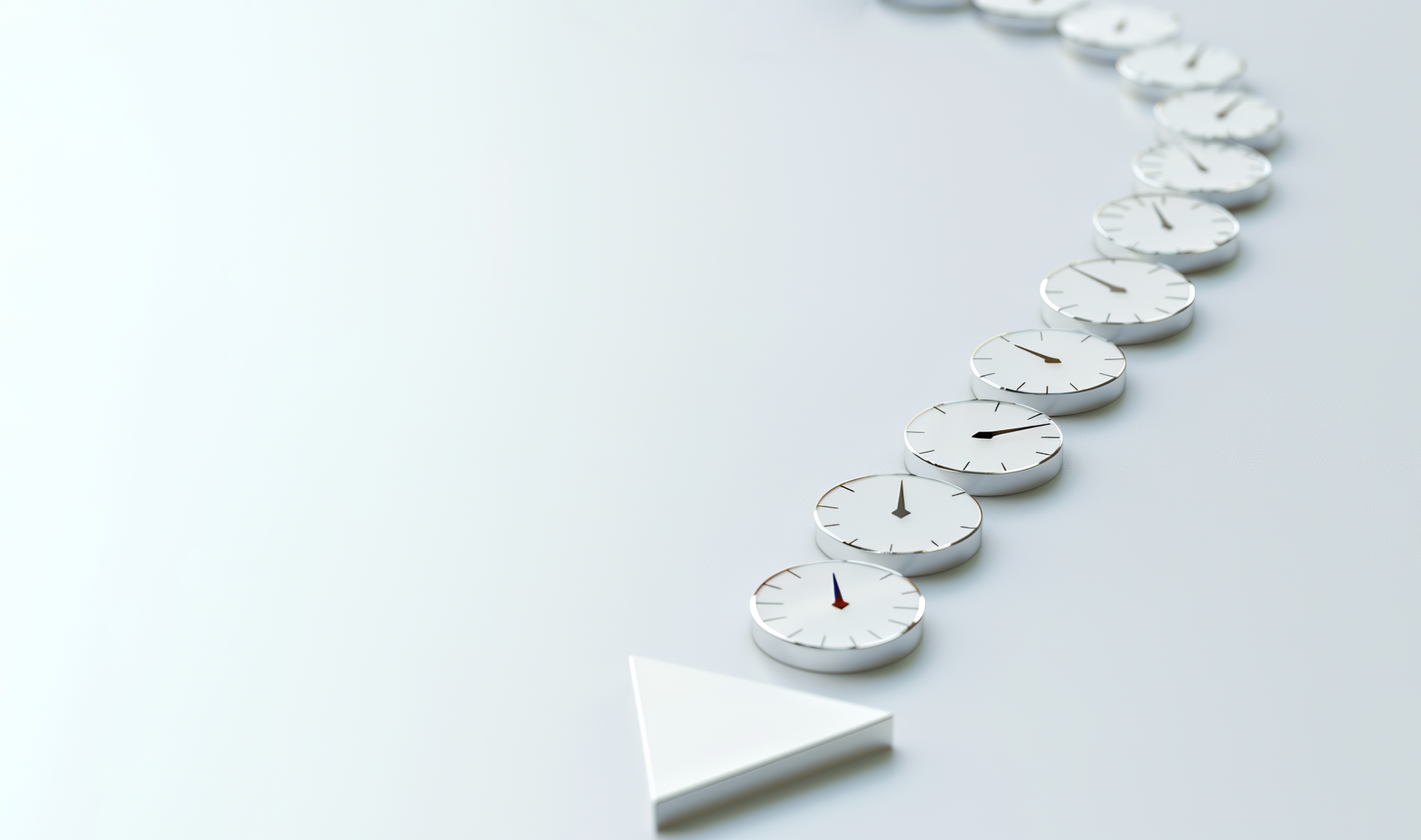 Row of clocks on white background