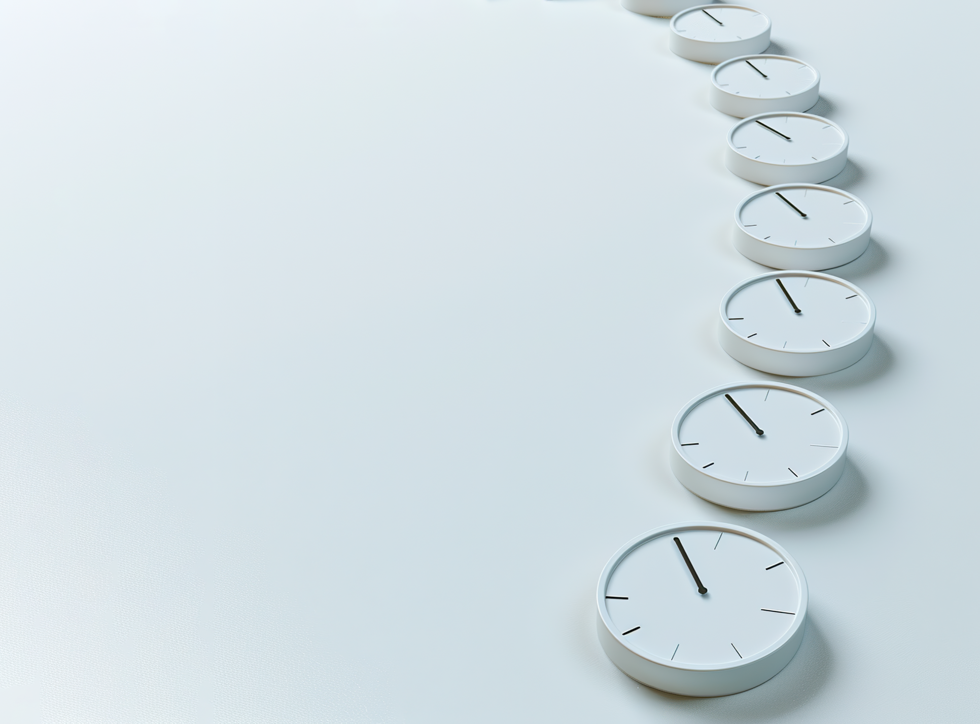 Row of clocks on white background