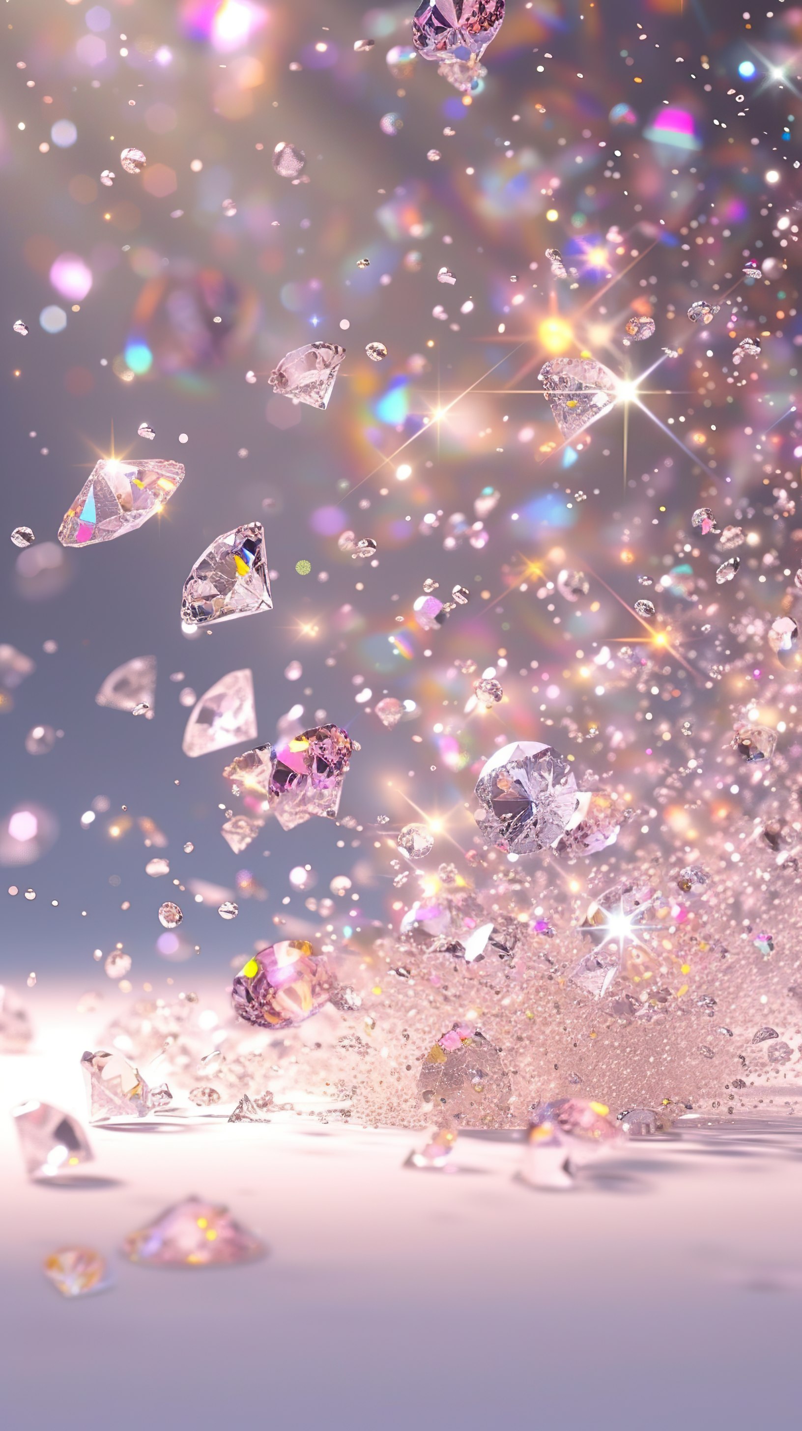 Shiny Diamonds falling on white surface background. 3D illustration