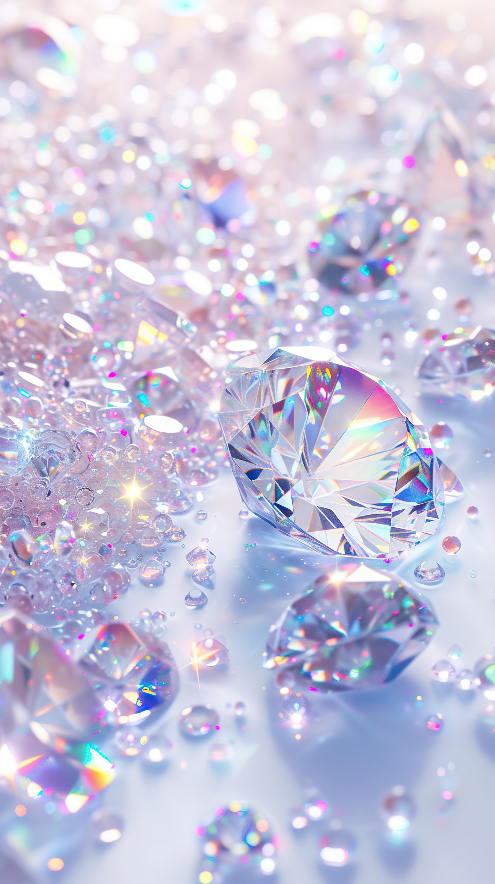 Shiny Diamonds falling on white surface background. 3D illustration