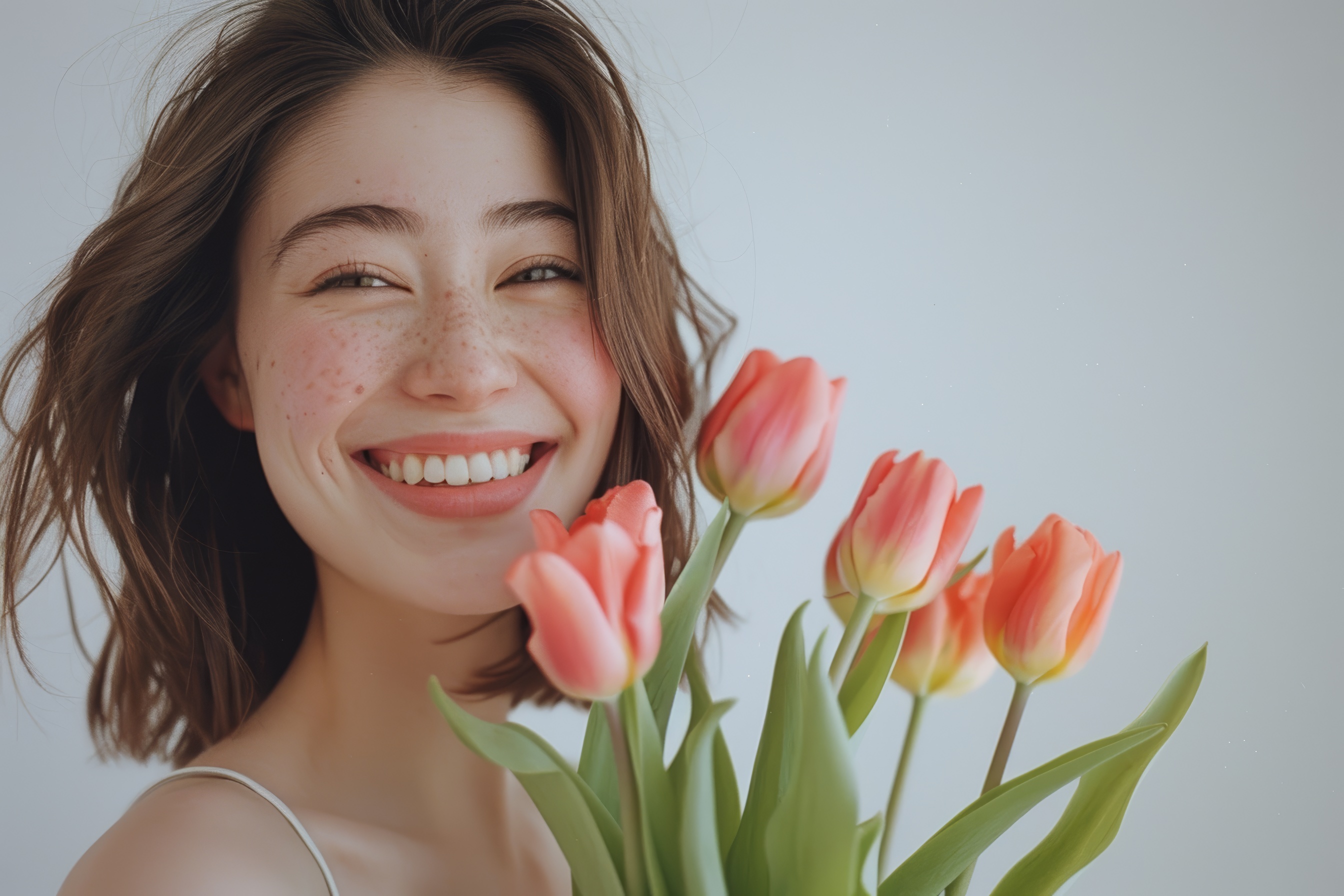 Smiling female model holding a bouquet of tulips, Generative AI