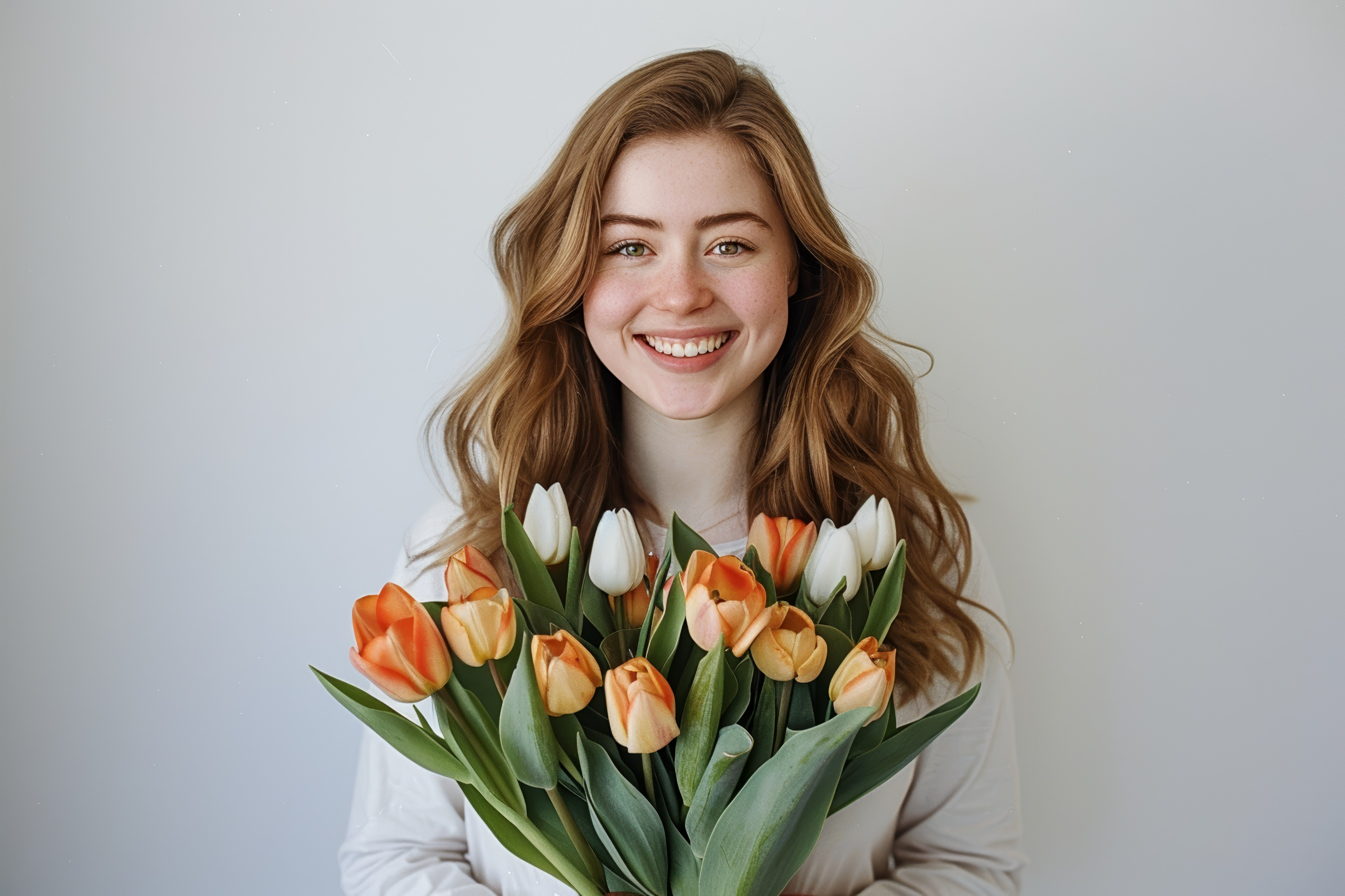 Smiling female model holding a bouquet of tulips, Generative AI