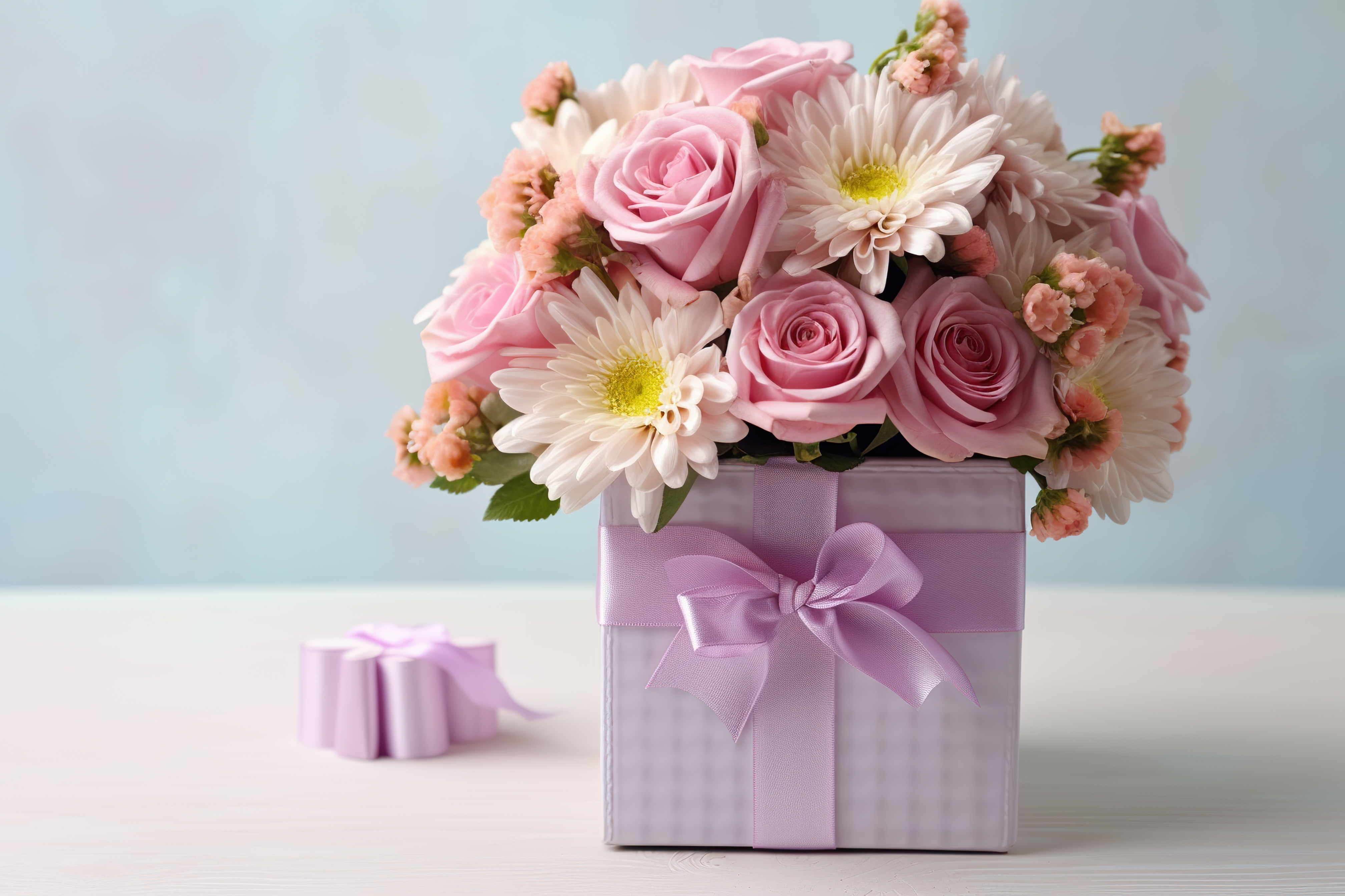 Square pink flower box with fresh roses