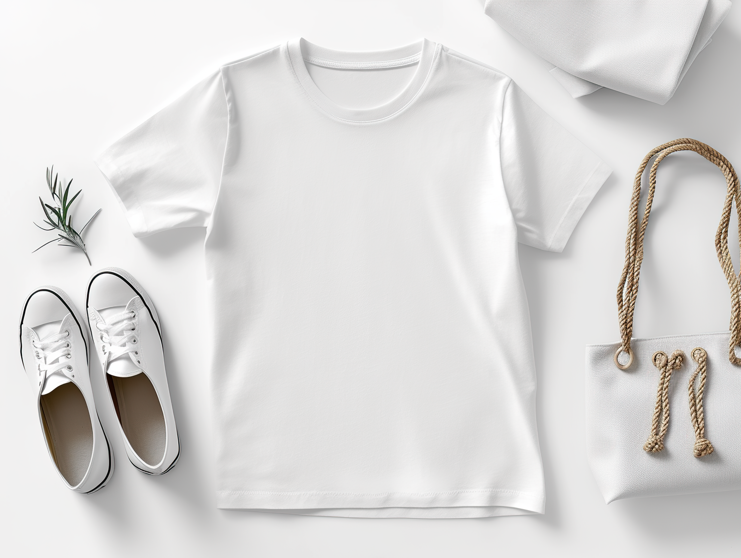 Stylish t-shirt, bag and sneakers on white background