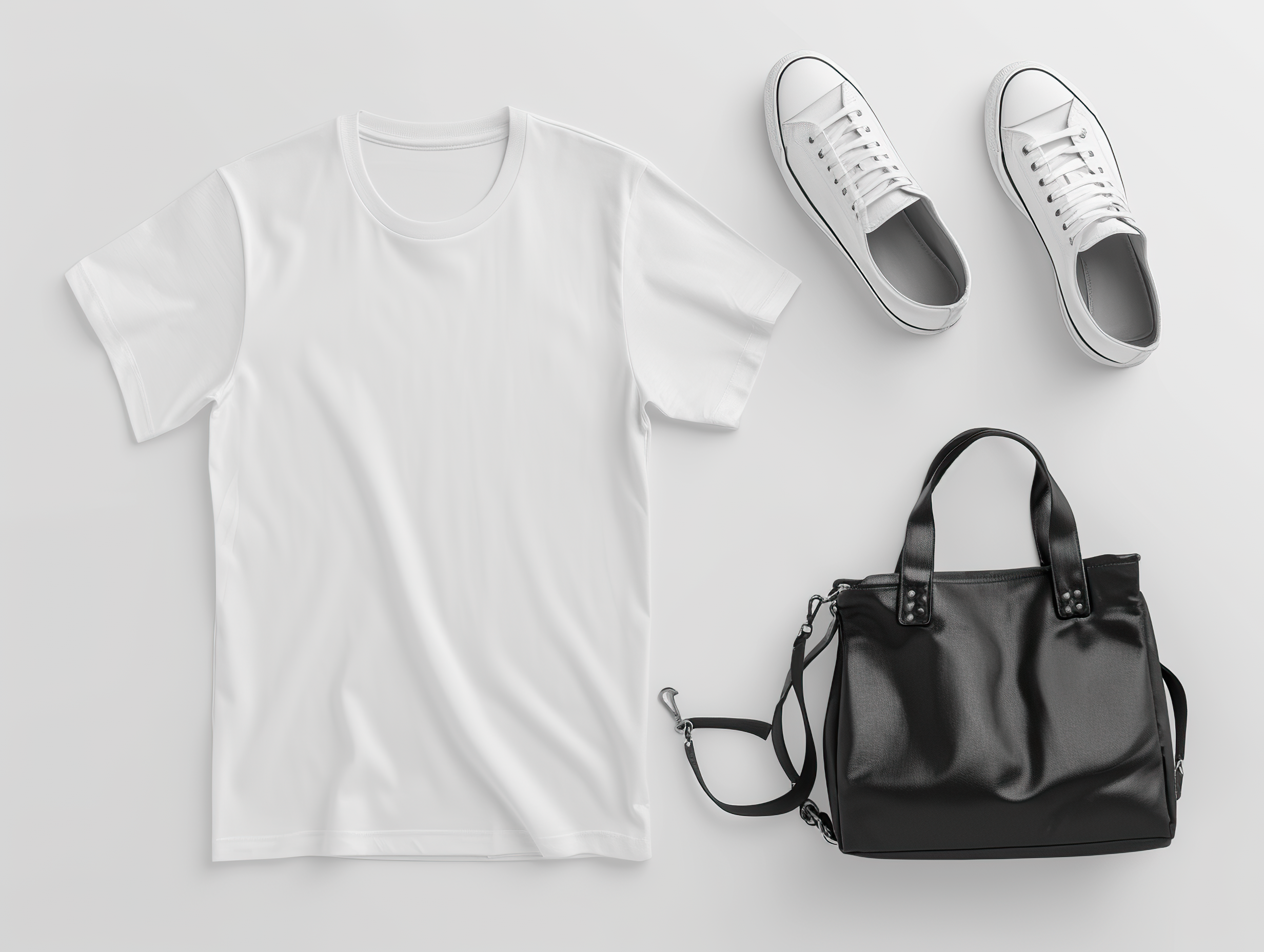 Stylish t-shirt, bag and sneakers on white background