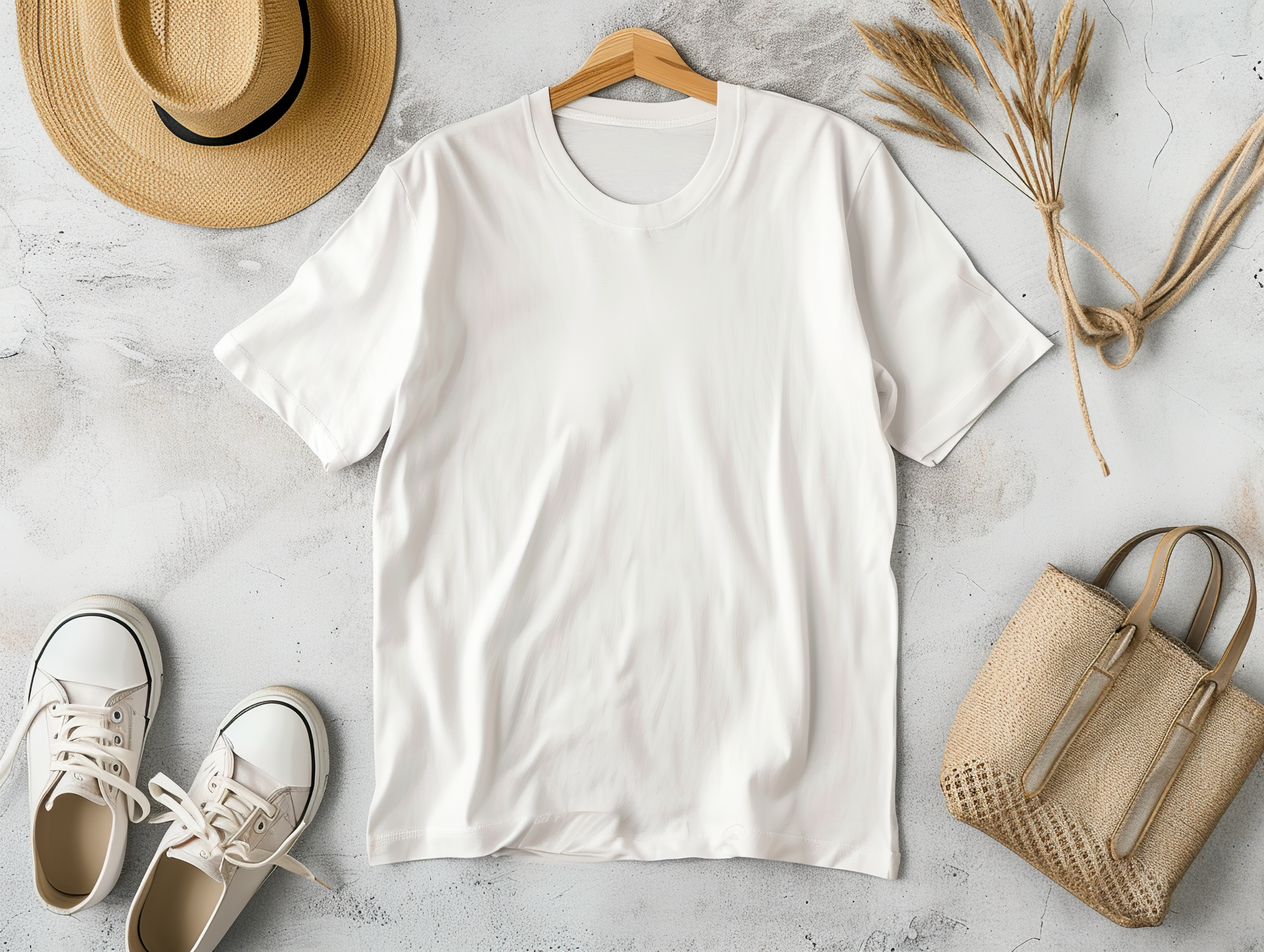 Stylish t-shirt, bag and sneakers on white background