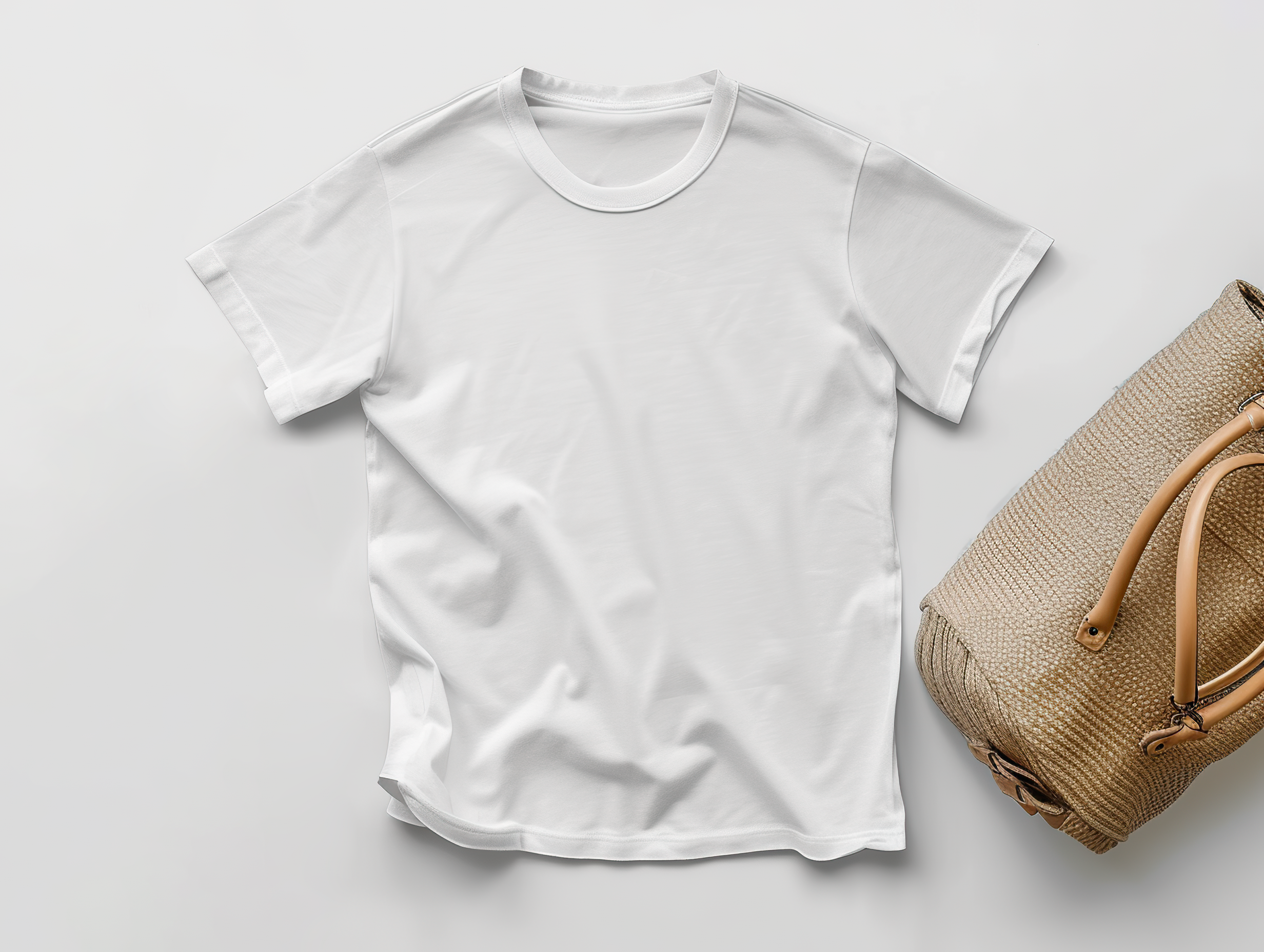 Stylish t-shirt and bag on white background