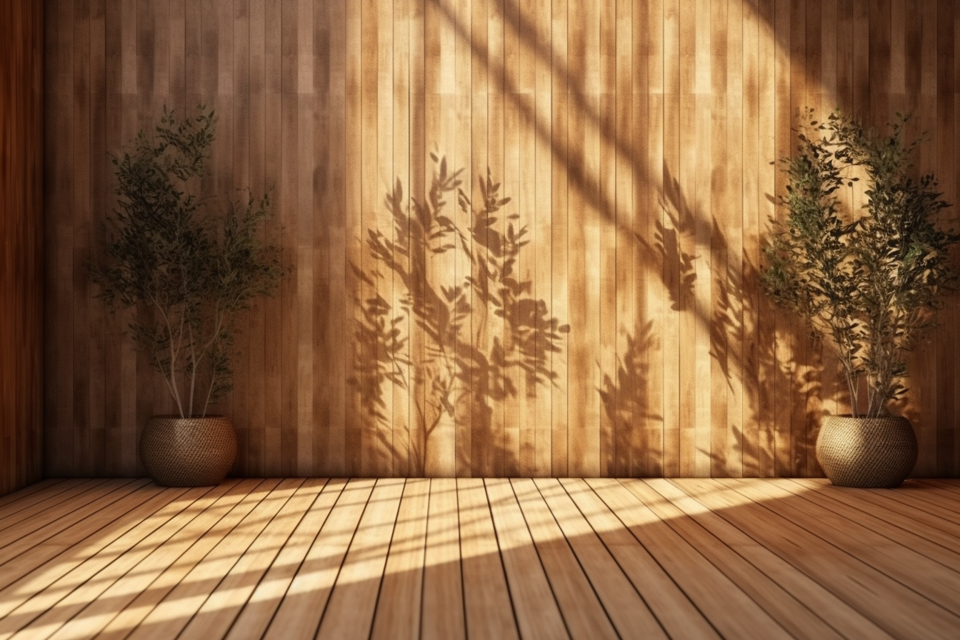 Sunlight of tropical bamboo tree leaf shadow on brown wooden panel wall with wood grain