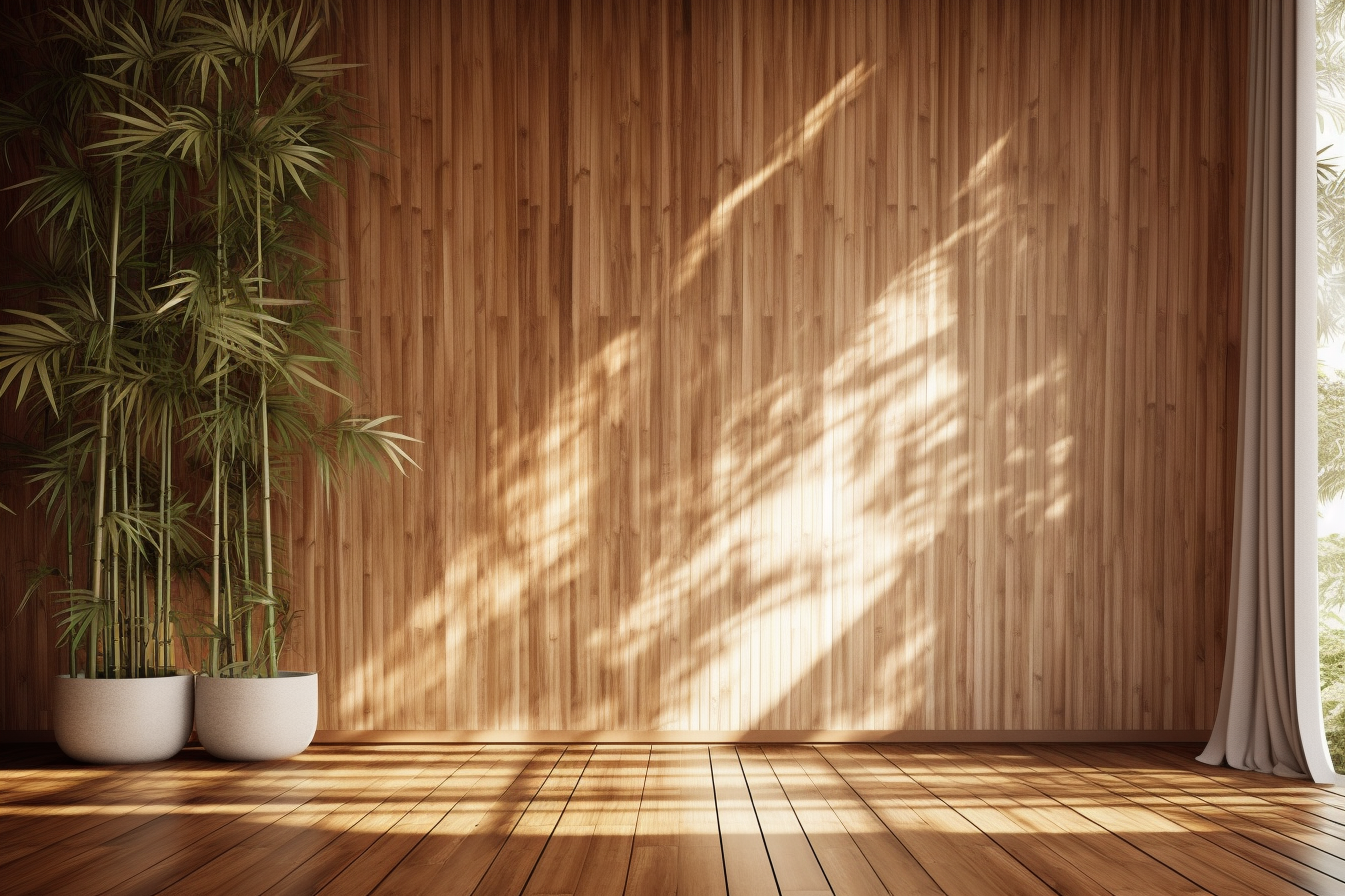 Sunlight of tropical bamboo tree leaf shadow on brown wooden panel wall with wood grain