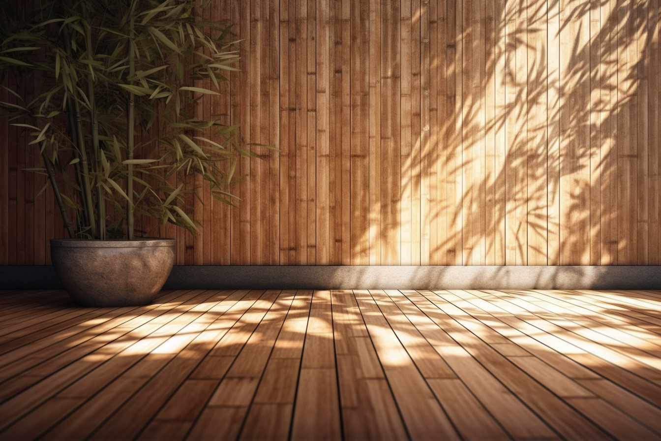 Sunlight of tropical bamboo tree leaf shadow on brown wooden panel wall with wood grain