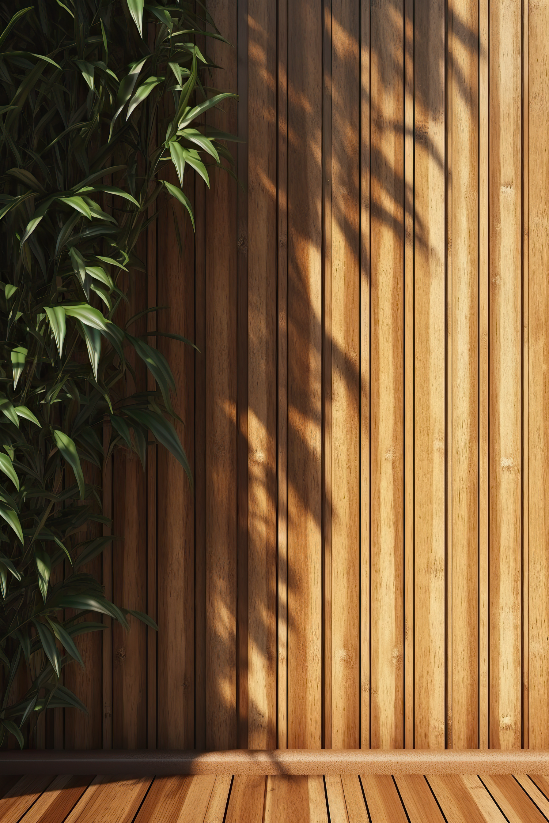 Sunlight of tropical bamboo tree leaf shadow on brown wooden panel wall with wood grain