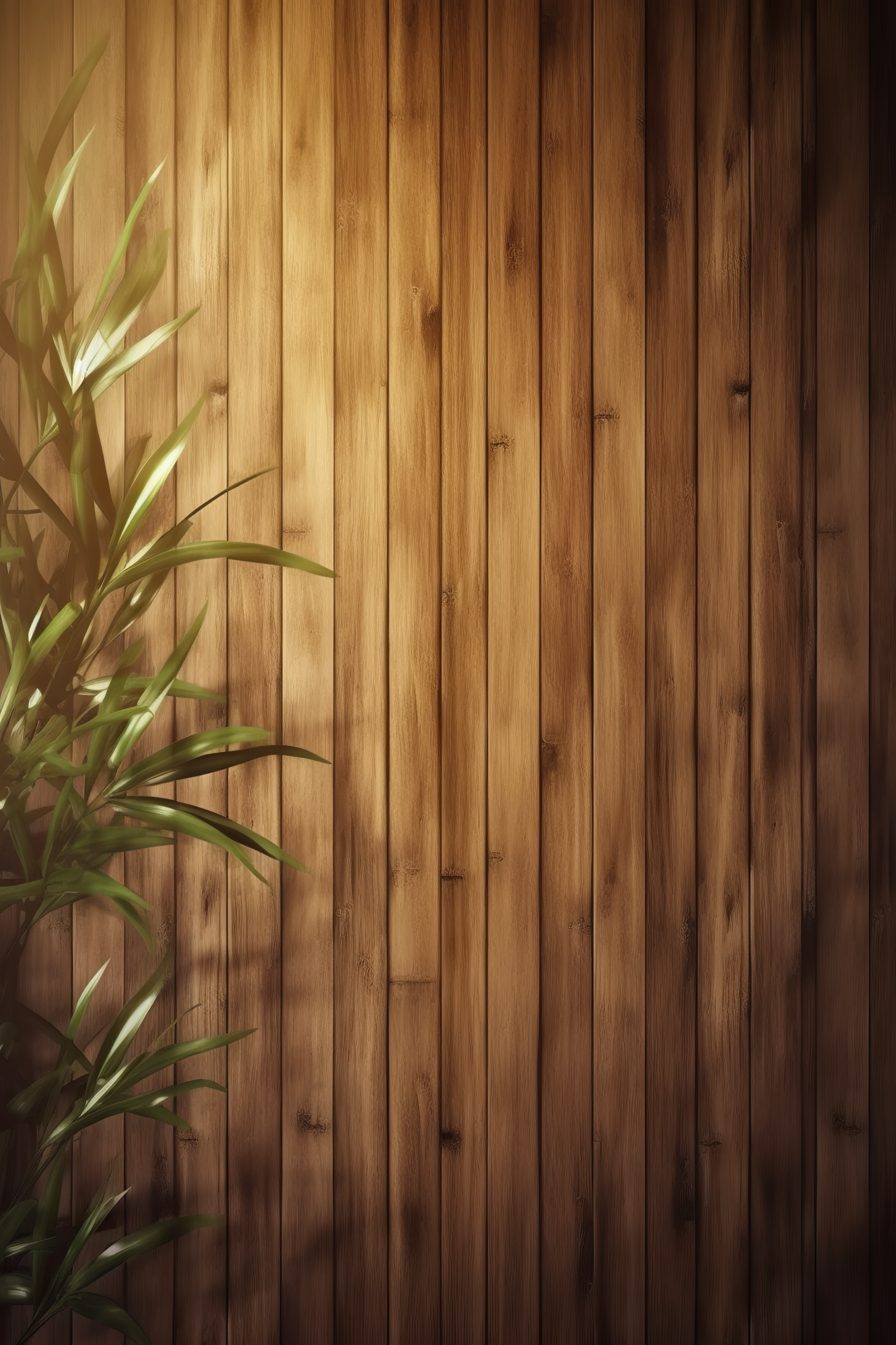 Sunlight of tropical bamboo tree leaf shadow on brown wooden panel wall with wood grain