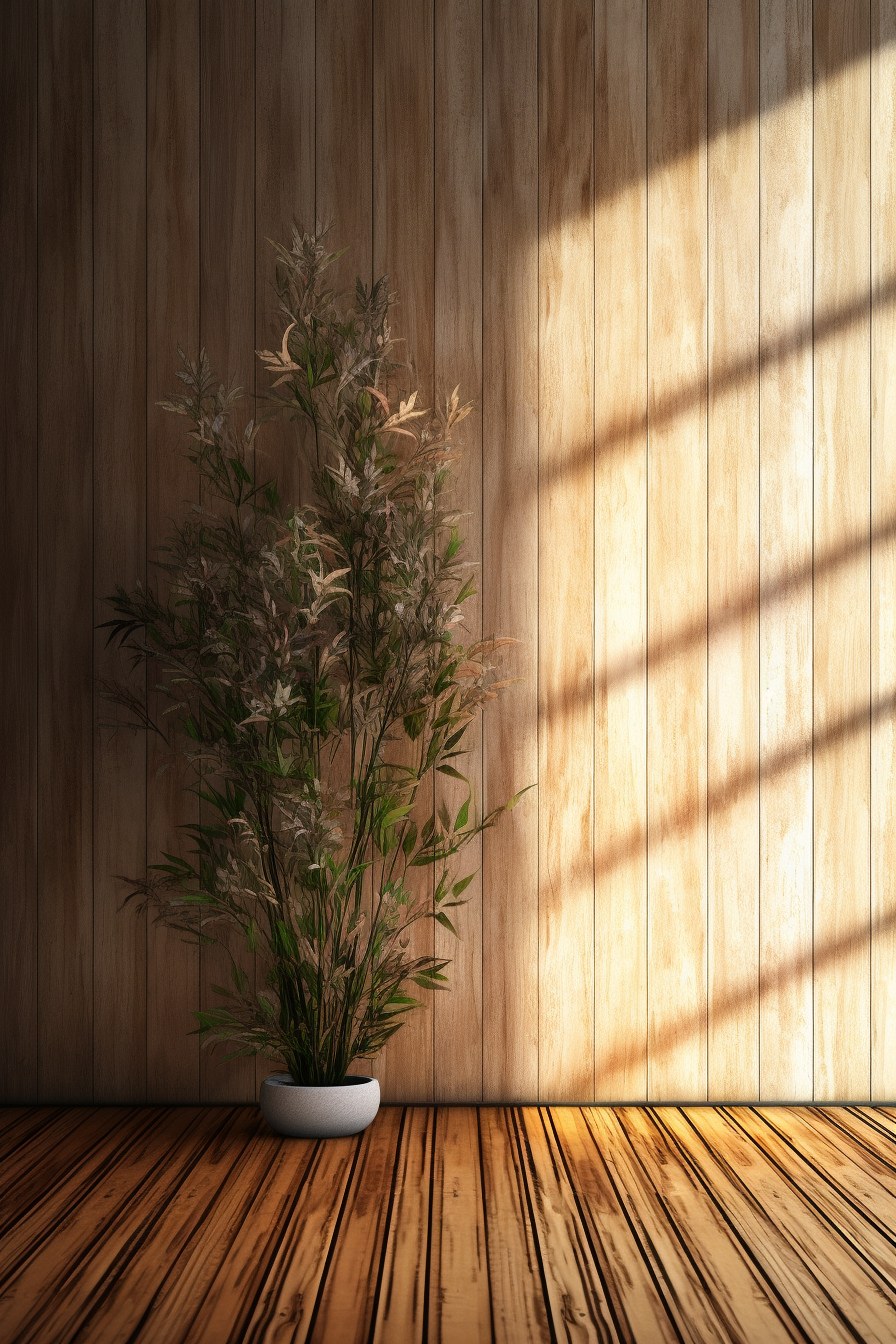 Sunlight of tropical bamboo tree leaf shadow on brown wooden panel wall with wood grain