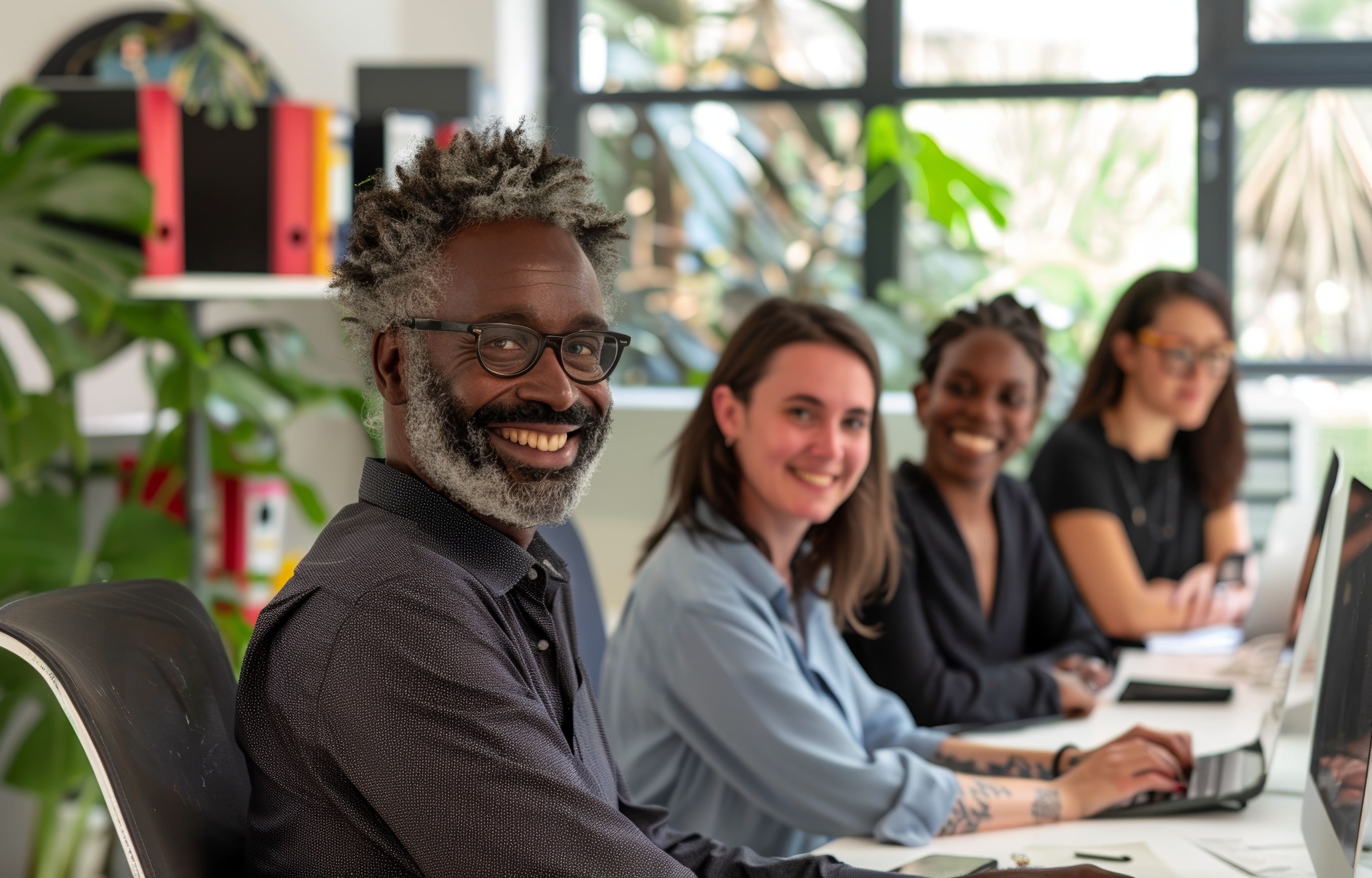 Team of employees in a modern office at work, Generative AI