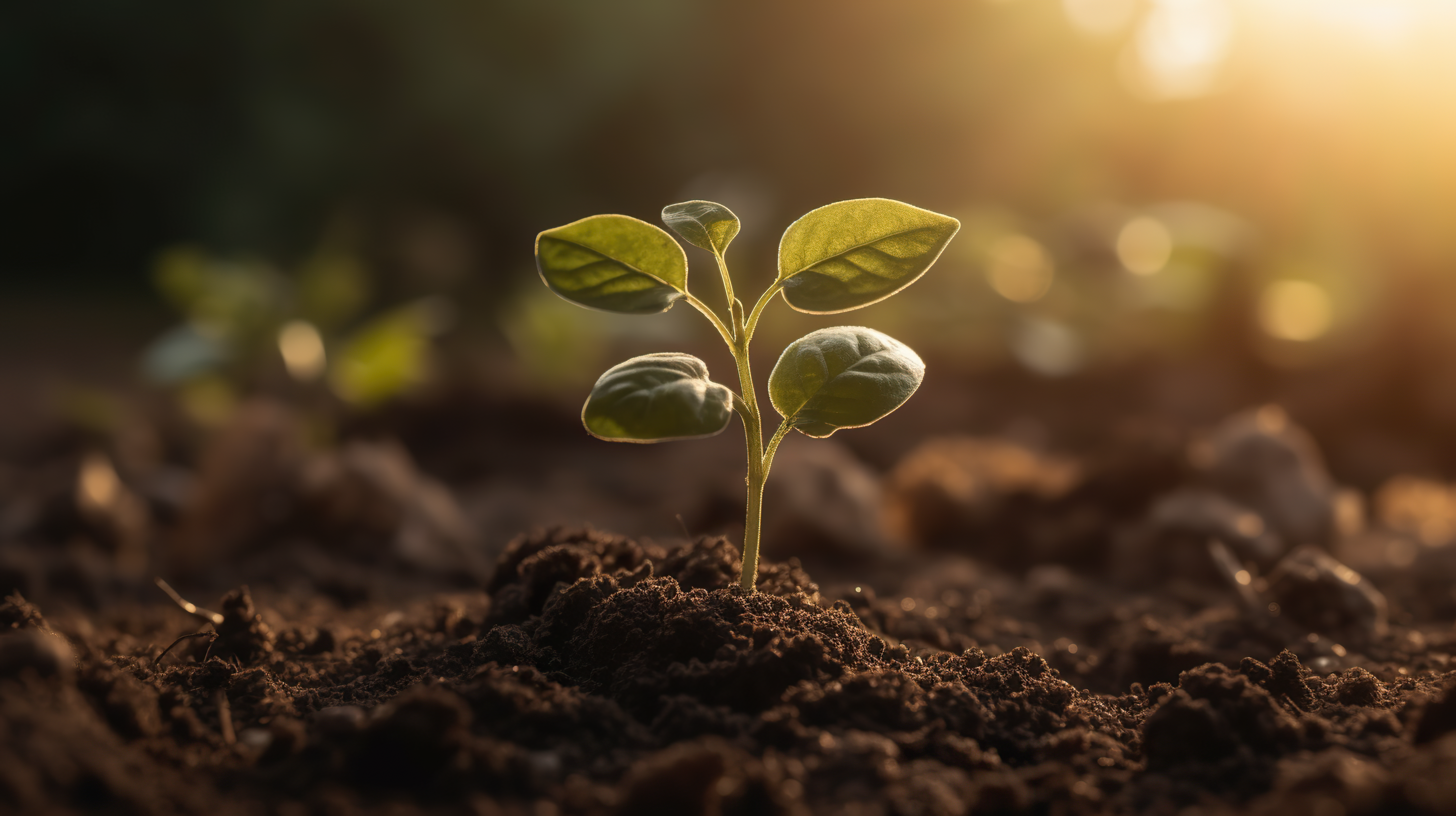 The seedlings grow from fertile soil and the morning sun shines