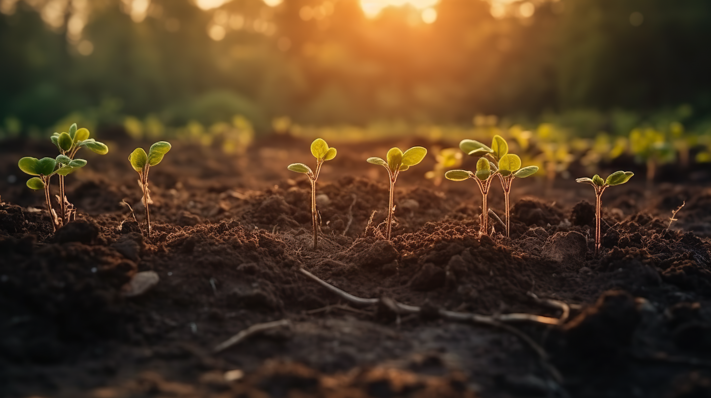 The seedlings grow from fertile soil and the morning sun shines