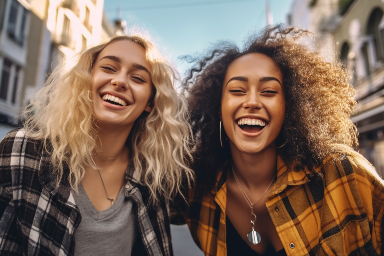 Two young multiracial women having fun and looking camera – friendship, cheerful, interaction - AI Generative