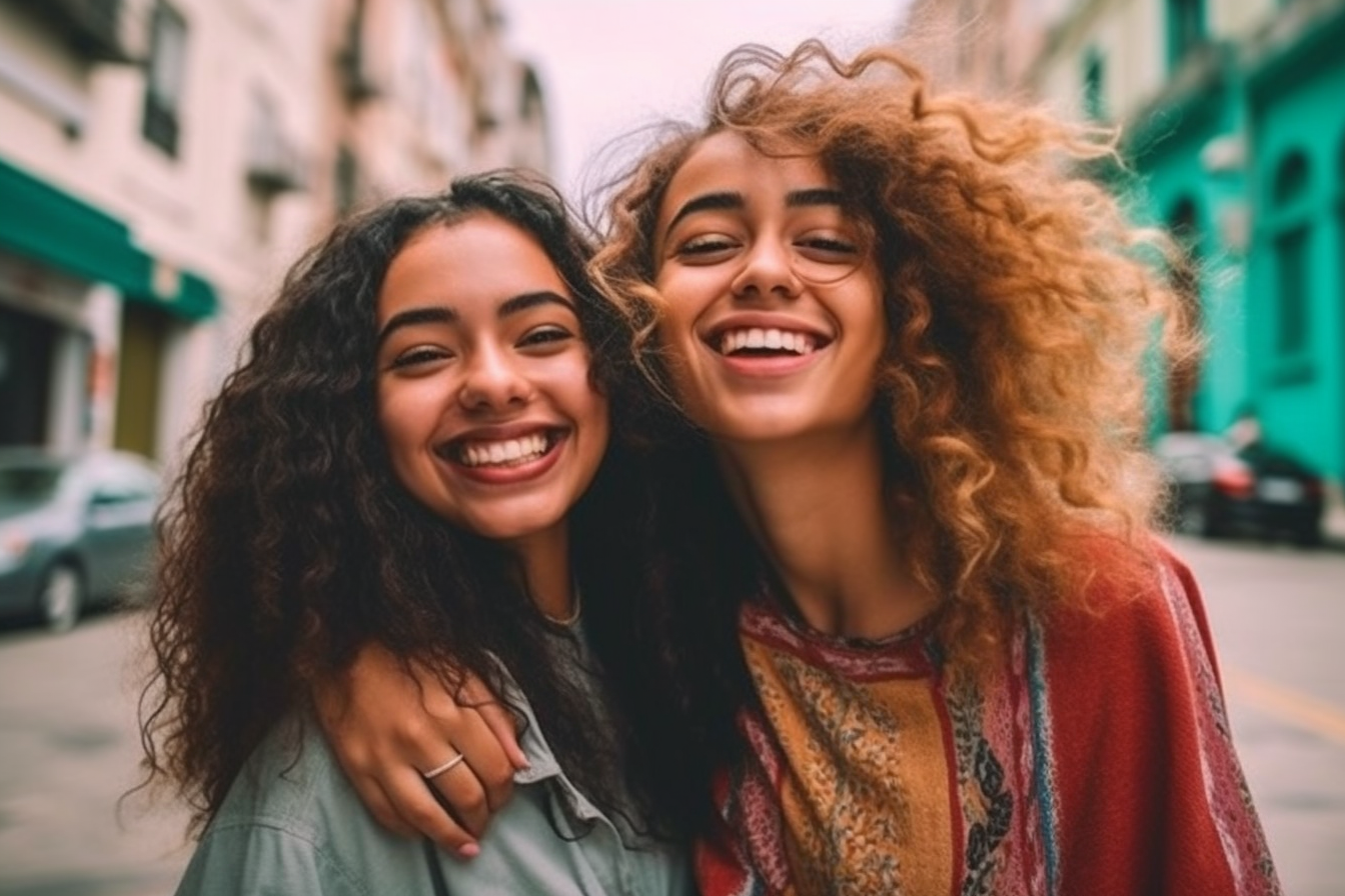 Two young multiracial women having fun and looking camera – friendship, cheerful, interaction - AI Generative