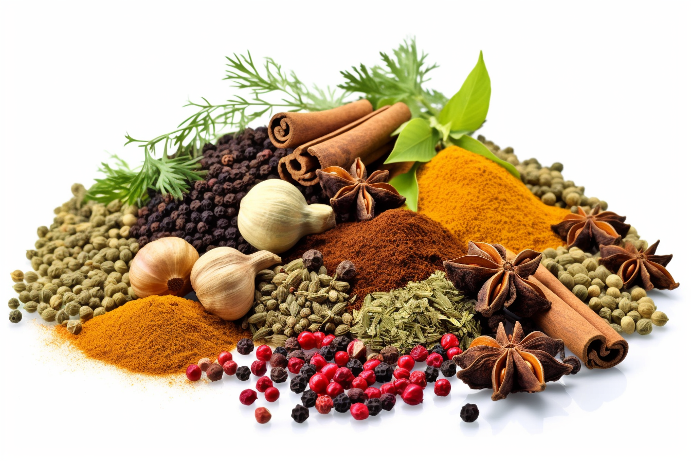 Variety of spices on white background