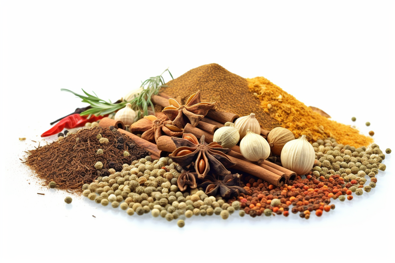 Variety of spices on white background