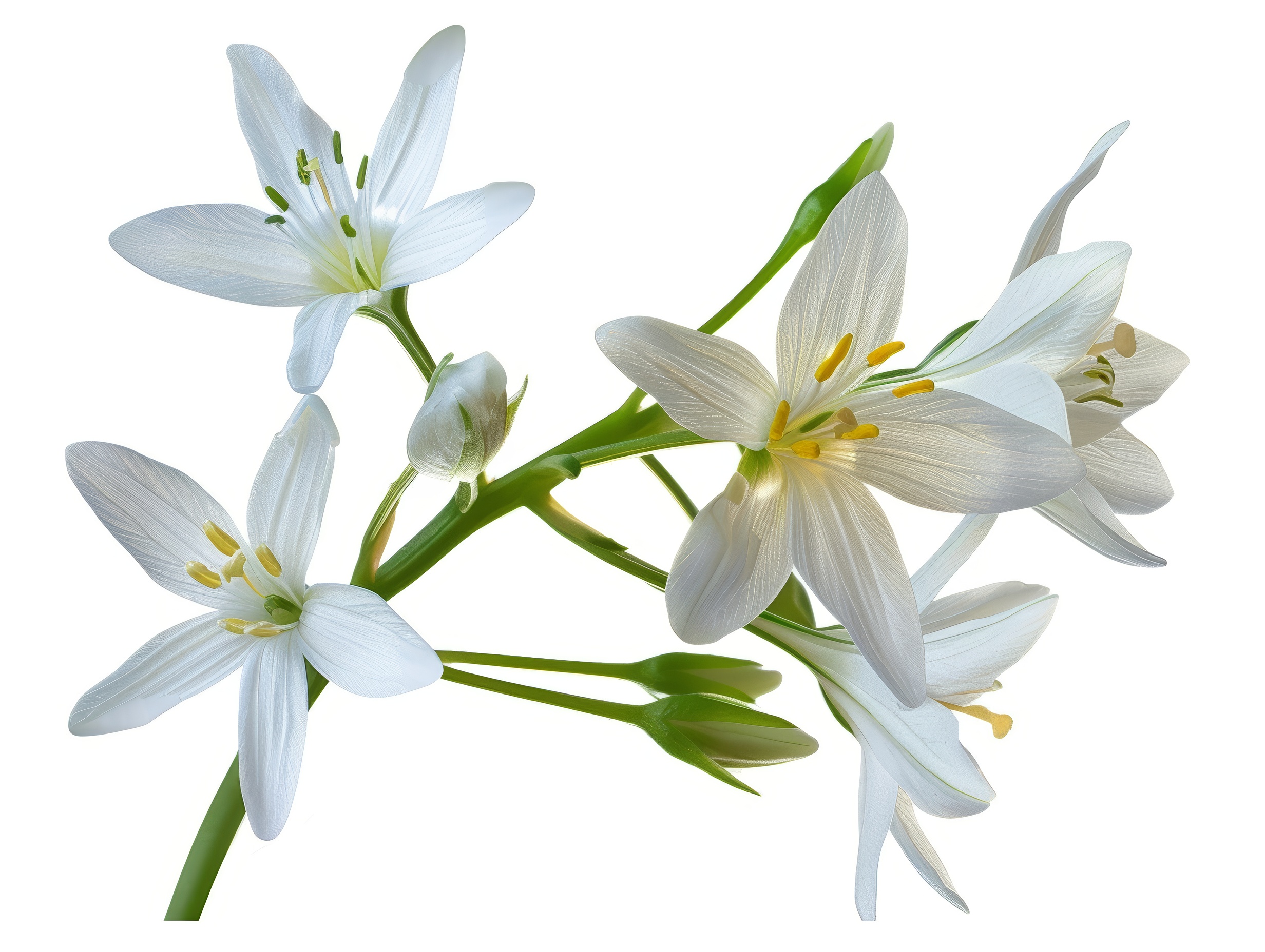 White flower with 6 petals in the shape of a lily, isolated on a white background