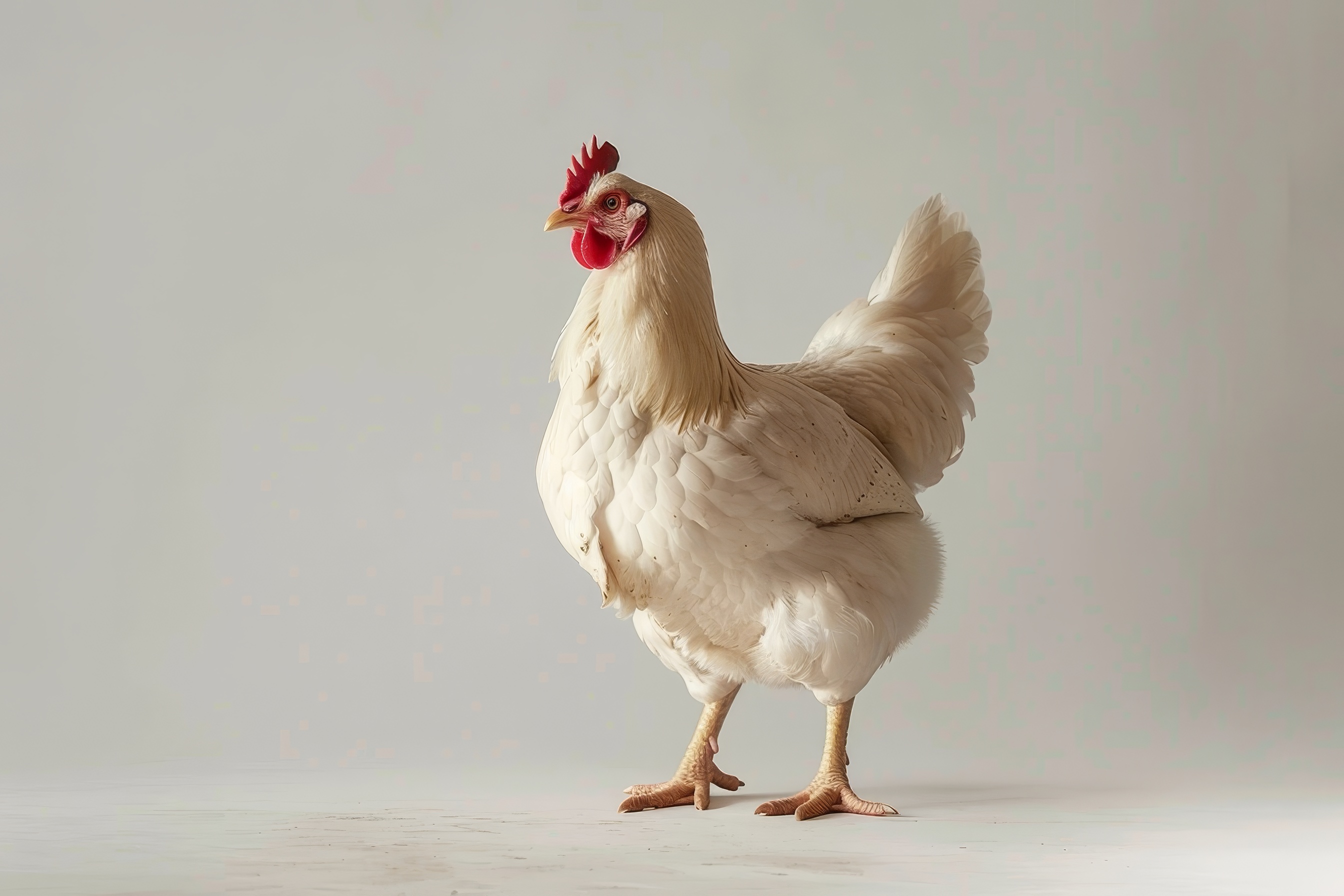 White hen isolated on light solid background, studio shot