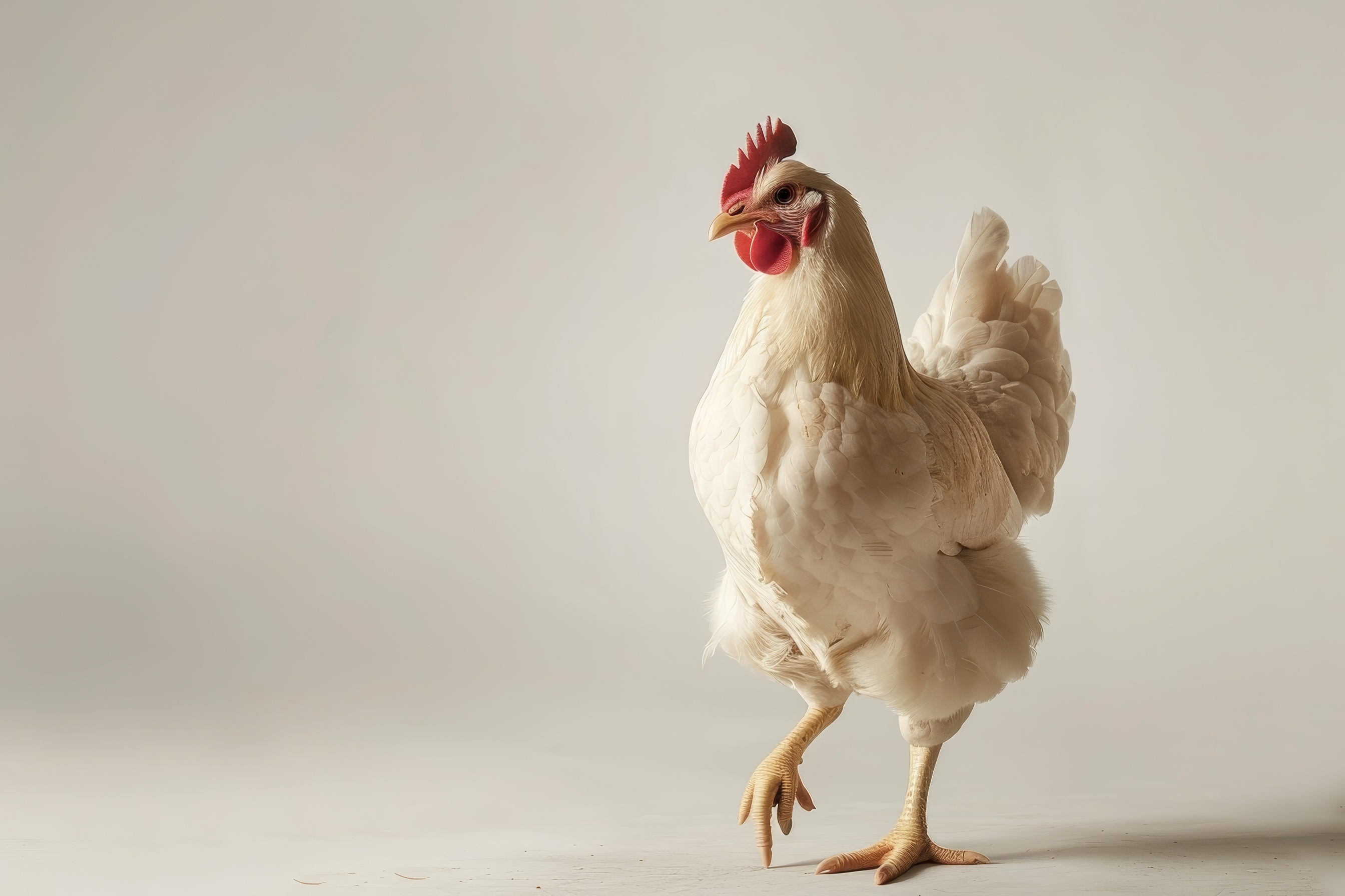 White hen isolated on light solid background, studio shot