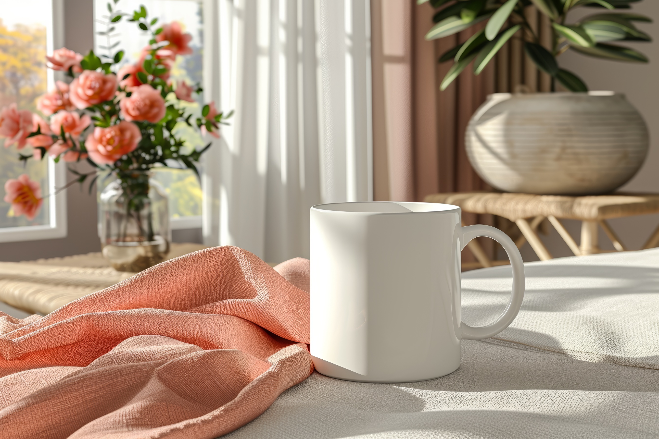 White mug mockup on table