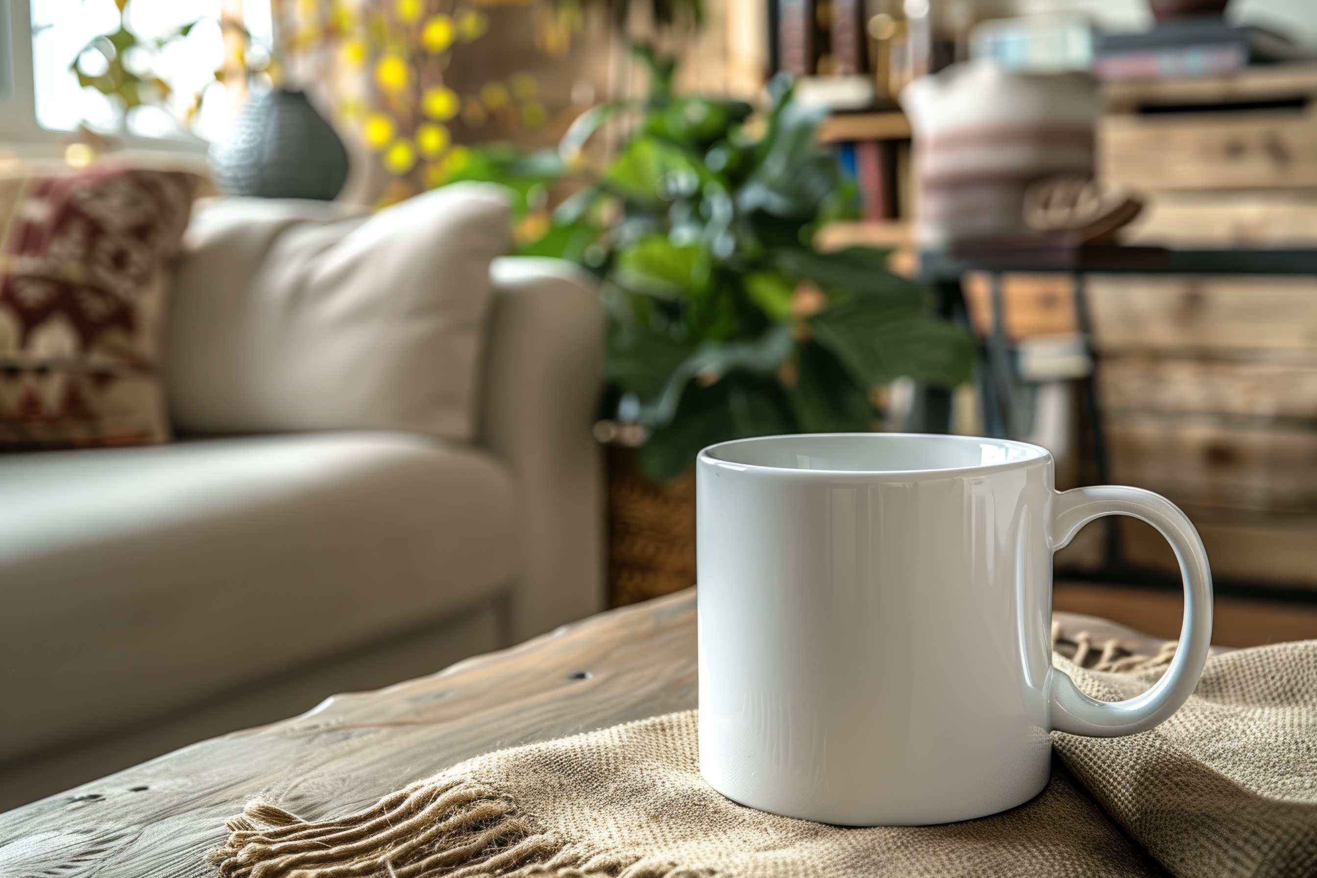 White mug mockup on table