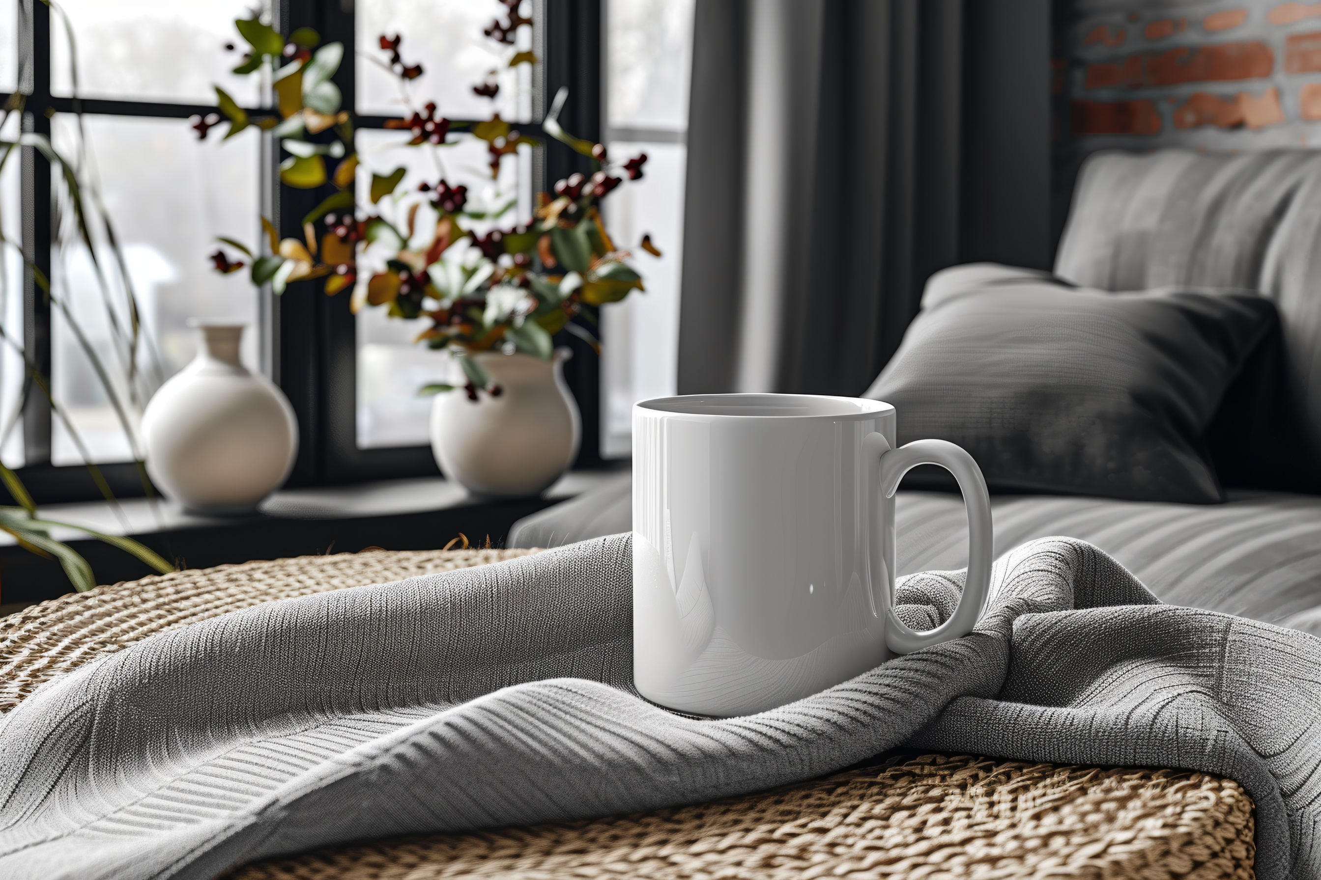 White mug mockup on table