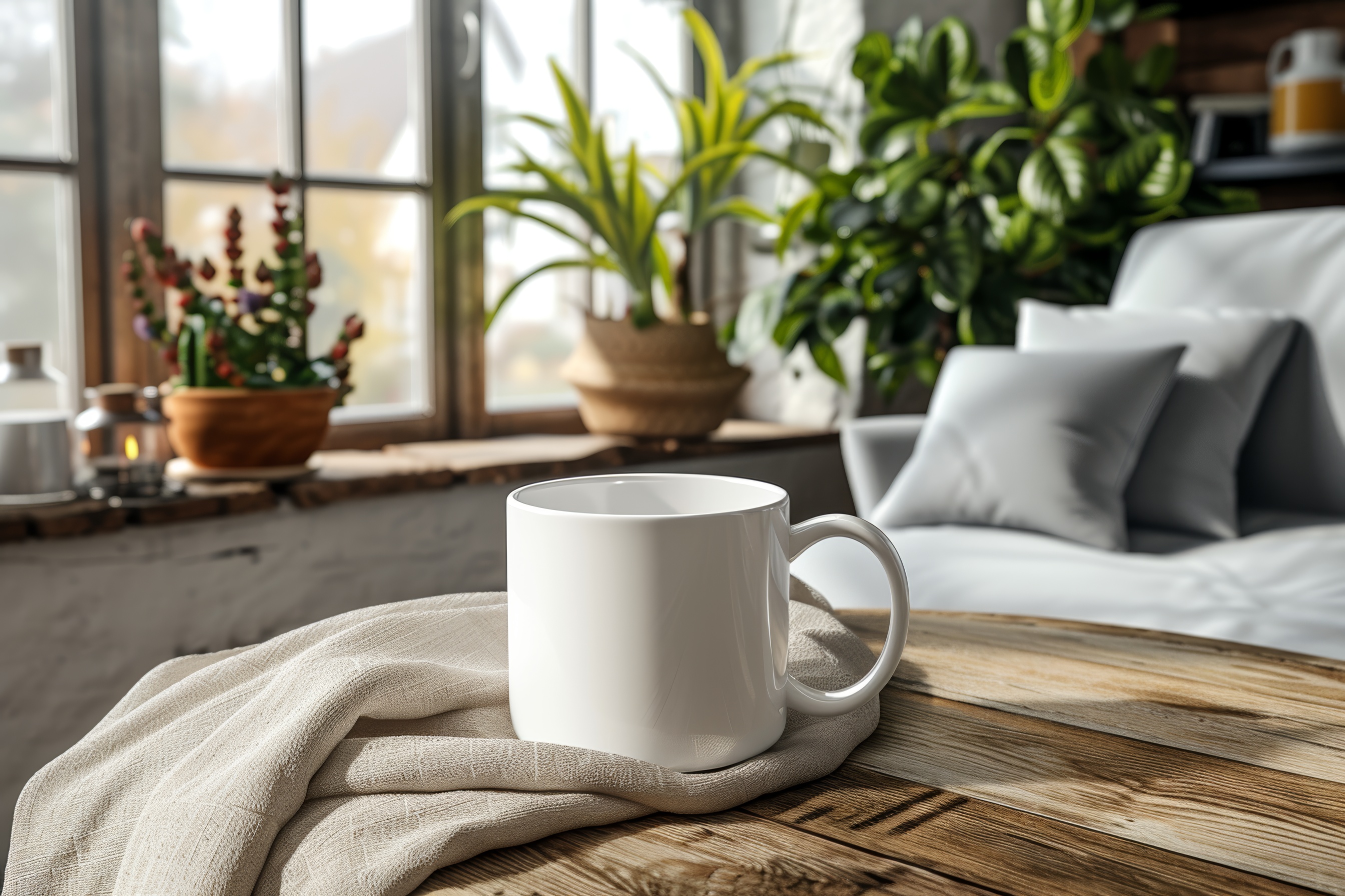 White mug mockup on table