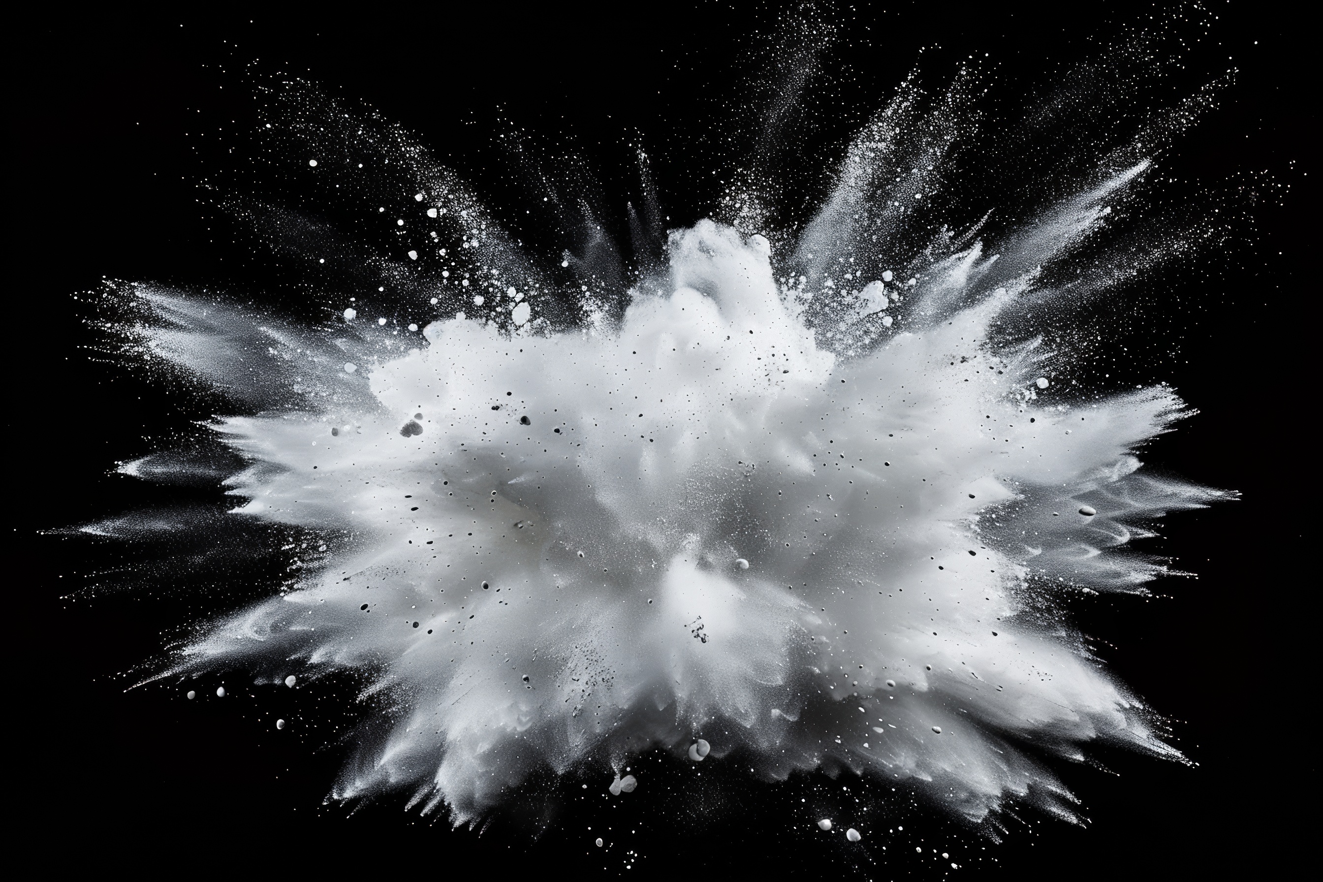 White powder explosion isolated on black background