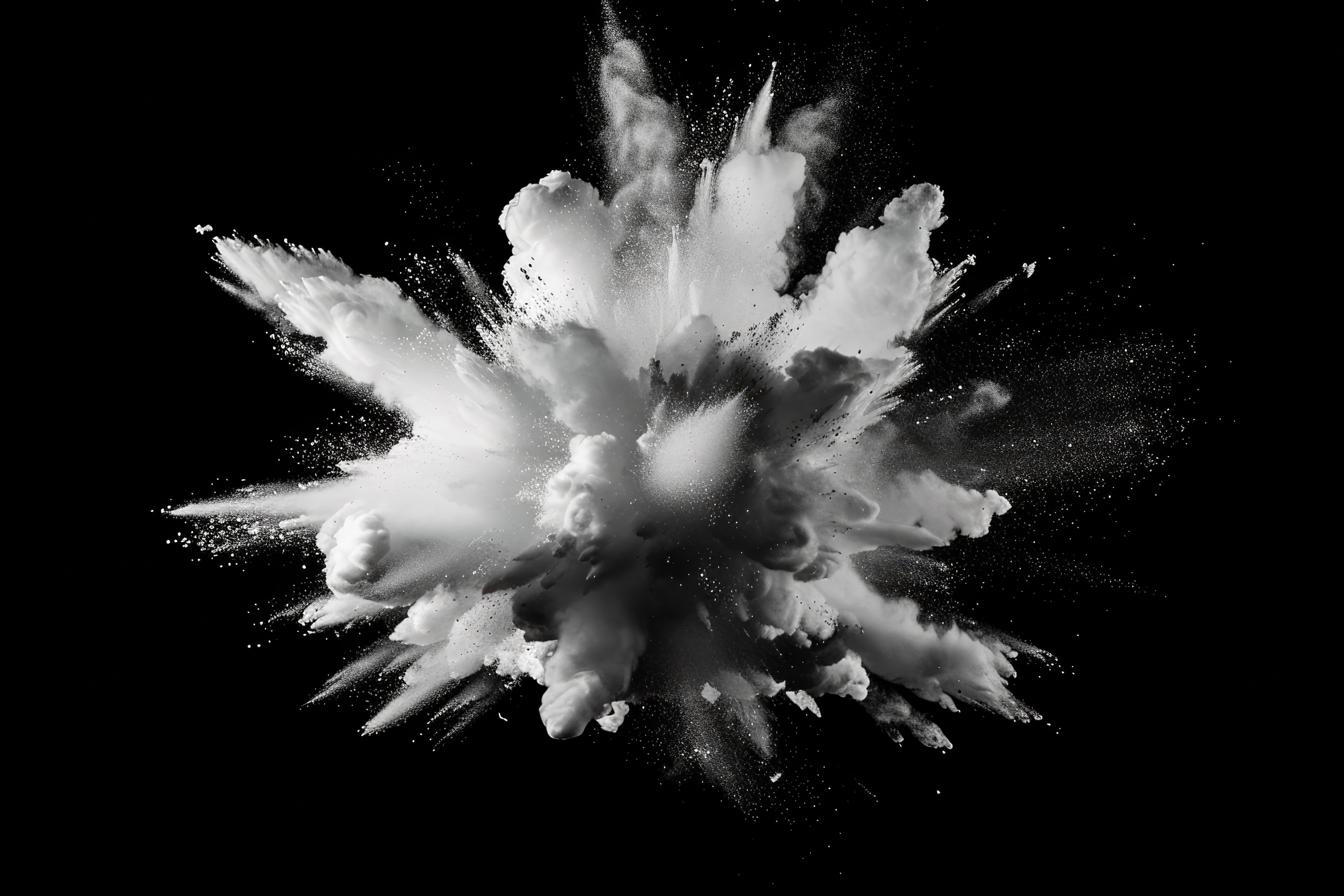 White powder explosion isolated on black background